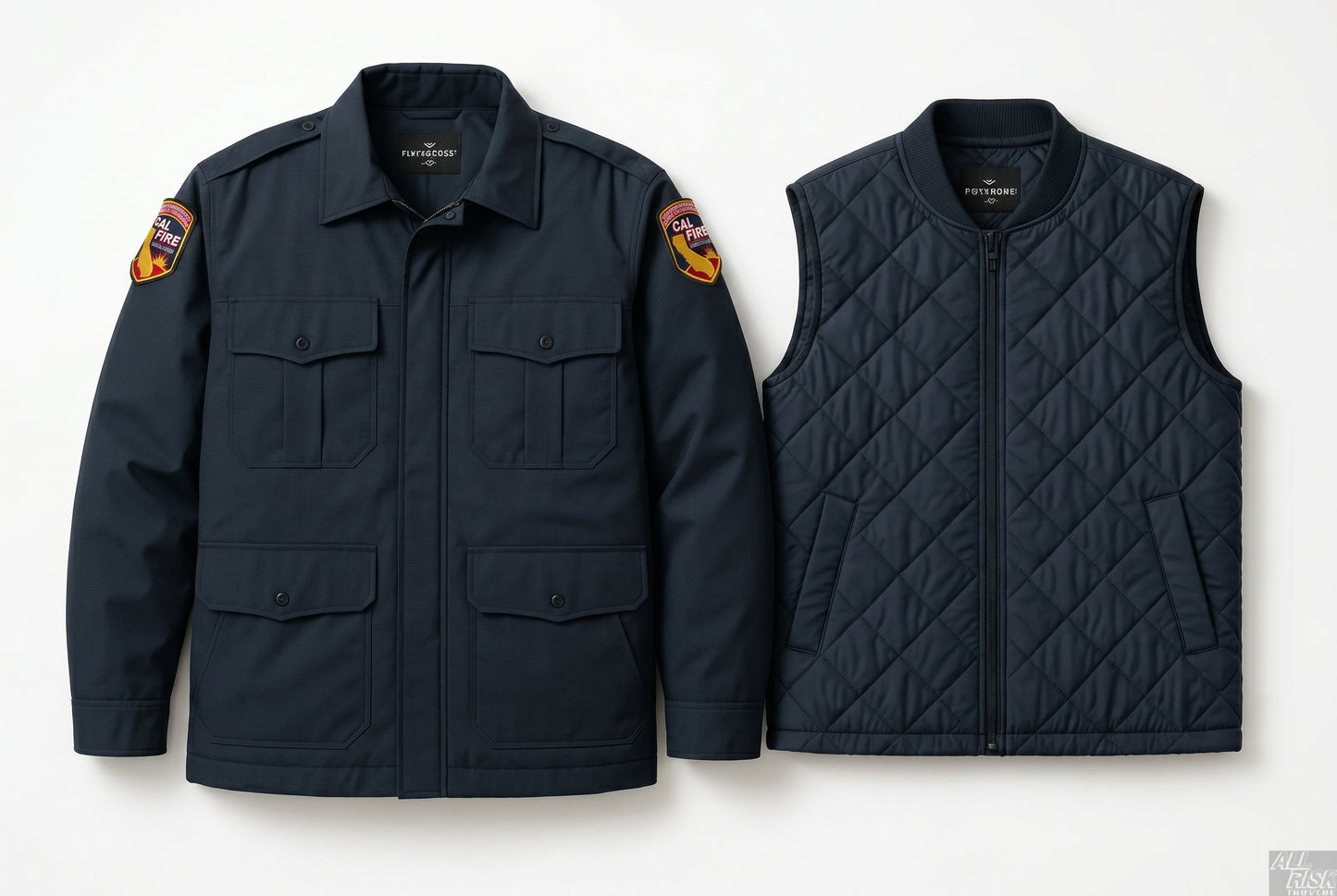 Flying Cross 2-in-1 duty jacket components shown side by side — outer midnight-navy twill jacket with CAL FIRE shoulder patches and twin chest pockets, alongside the inner removable diamond-quilted vest liner with full zip and Flying Cross label at neck.