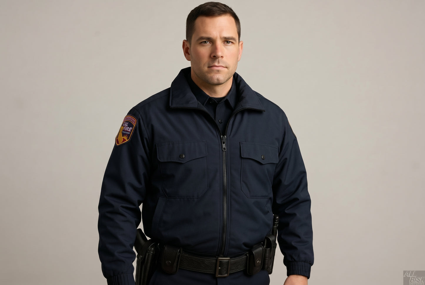 CAL FIRE officer wearing the Flying Cross 2-in-1 duty jacket — studio portrait on cream background showing the navy jacket worn over a dark duty shirt with leather duty belt and sidearm holster, CAL FIRE shoulder patch visible on the sleeve.