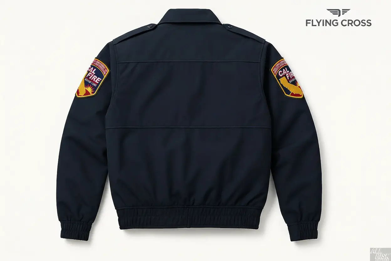 CAL FIRE Flying Cross 2-in-1 Duty Jacket back view with official California Department of Forestry shoulder patches on both shoulders