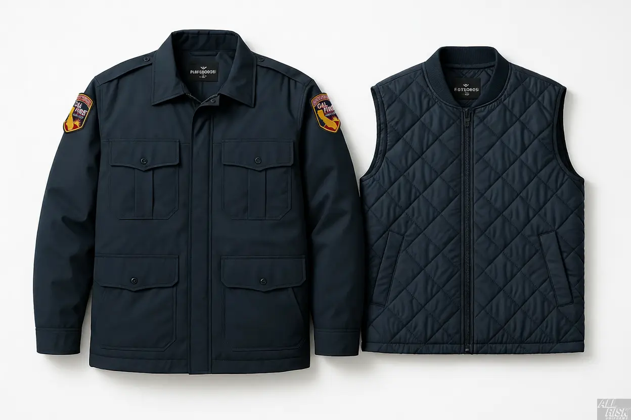 CAL FIRE Flying Cross 2-in-1 Duty Jacket with official shoulder patches showing removable insulated liner and versatile 3-in-1 all-season system