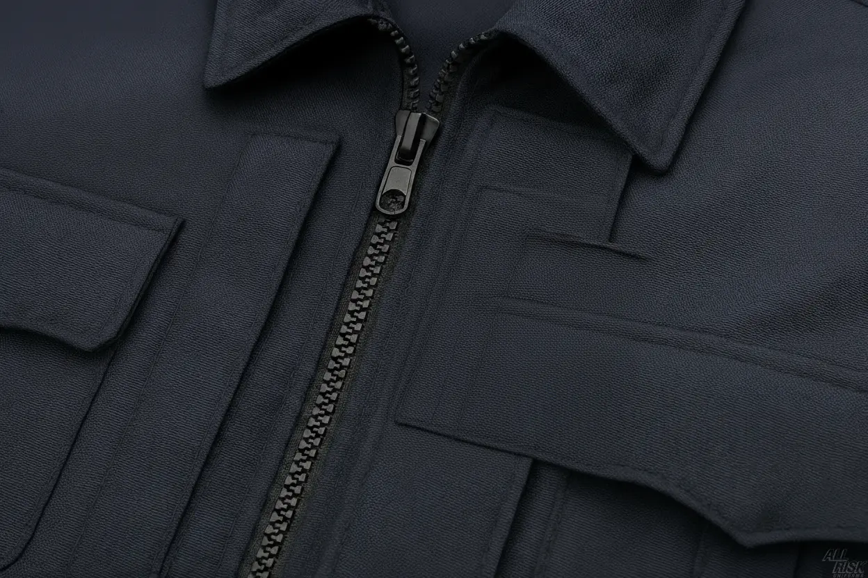 Close-up detail of CAL FIRE Flying Cross Duty Jacket showing official department shoulder patch, premium zipper, and weather-resistant fabric