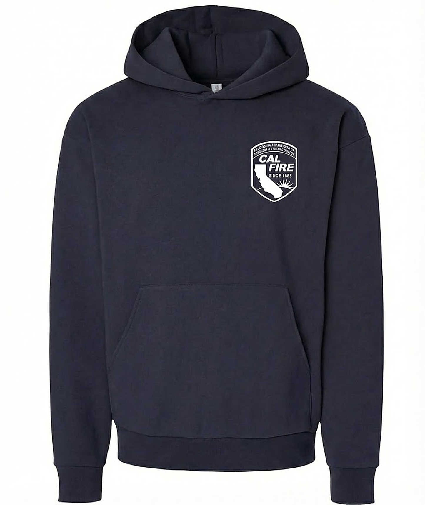 Navy heavyweight hoodie, flat front, with the white CAL FIRE arrowhead shield crest (California outline and sunrise, 'Since 1885') on the left chest.