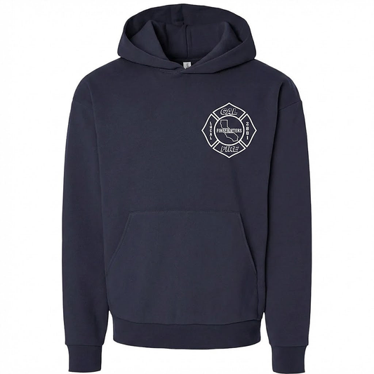 Navy Independent heavyweight pullover hoodie, flat front, with a white Firefighters Local 2881 maltese-cross union shield on the left chest above the kangaroo pocket.