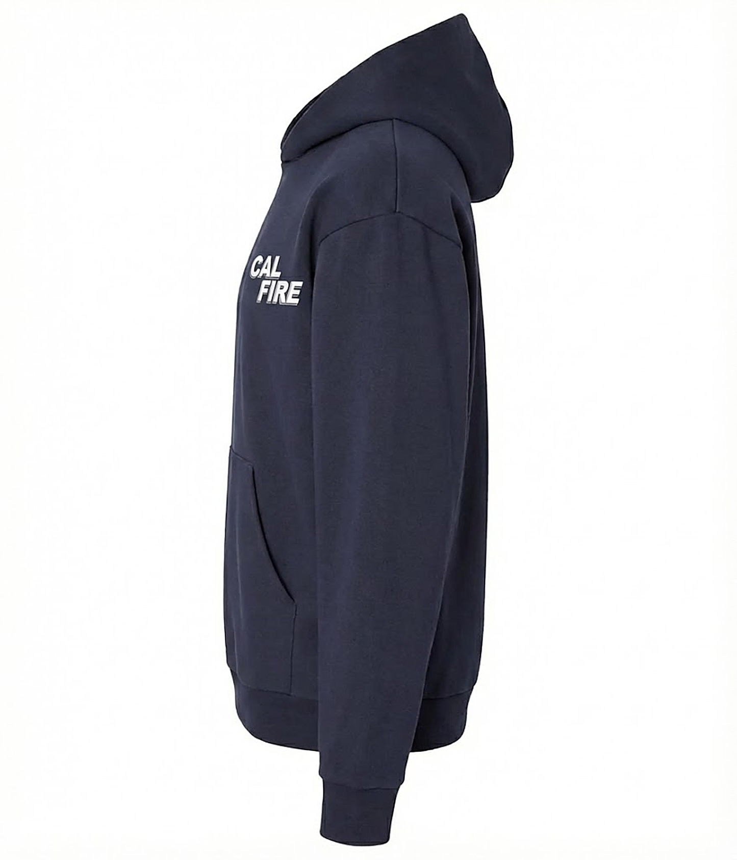 Side profile of the navy hoodie laid on its side, showing the hood, kangaroo pocket, and the white CAL FIRE chest wordmark from the side.