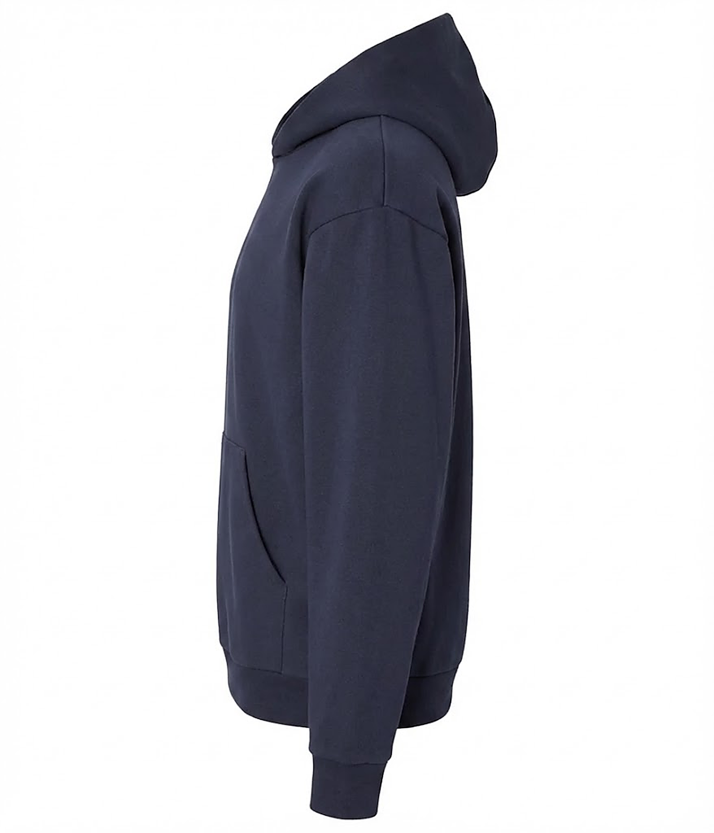 Opposite side profile of the navy hoodie, plain unprinted side showing the hood and kangaroo pocket.