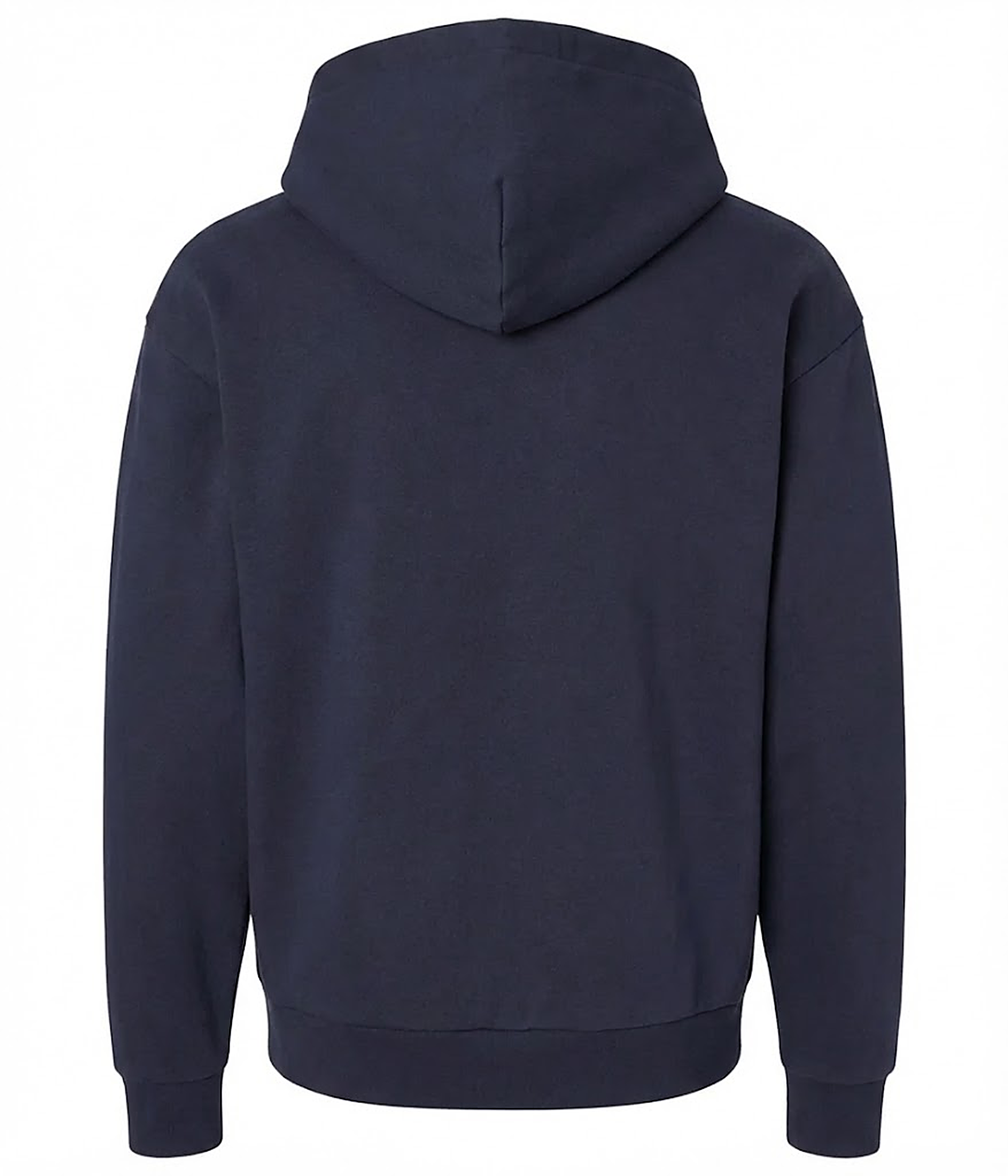 Full back view of the navy heavyweight hoodie with the hood laid out, plain unprinted back.