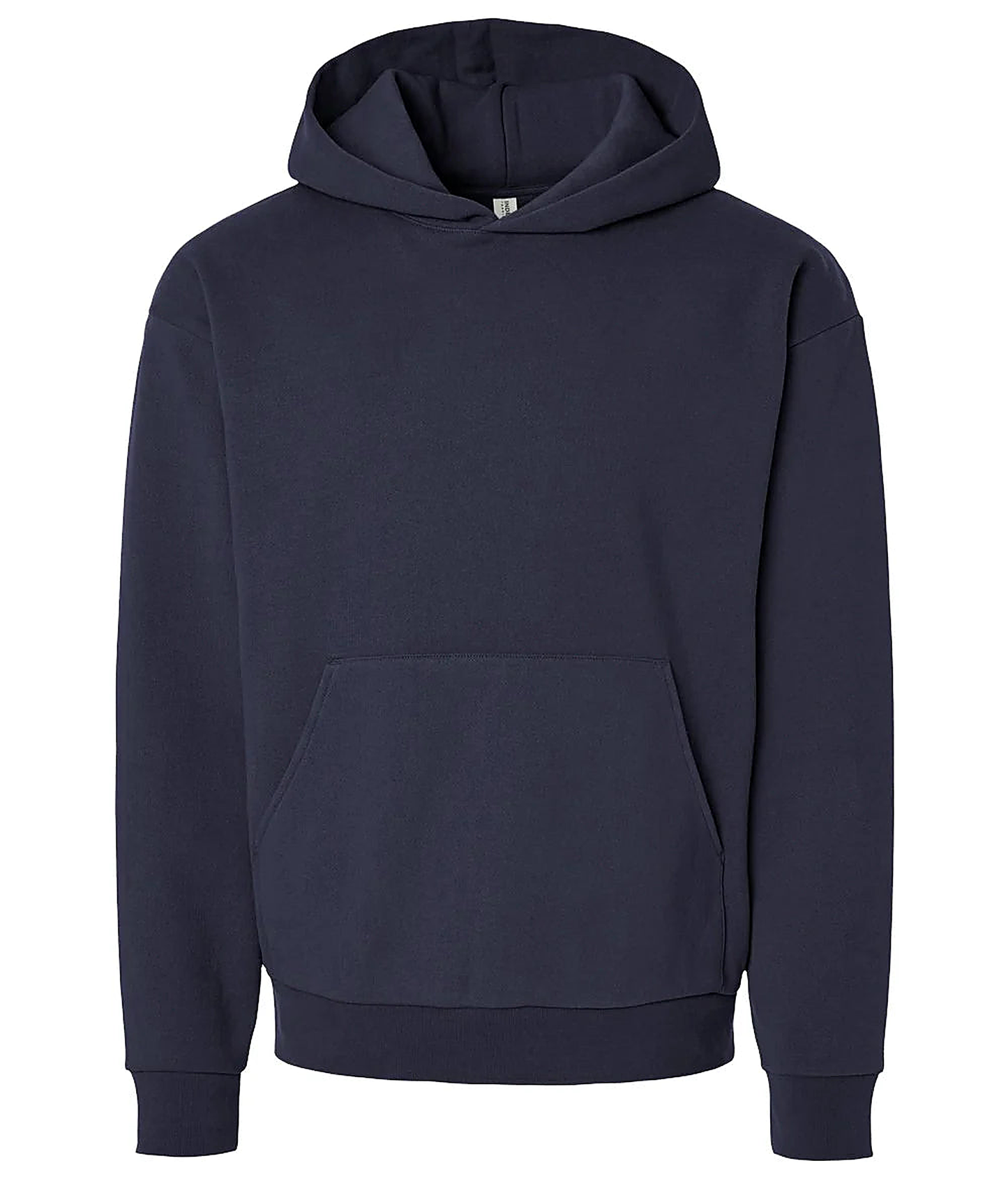 Navy heavyweight pullover hoodie, plain blank flat front with the kangaroo pocket and hood, no decoration shown.
