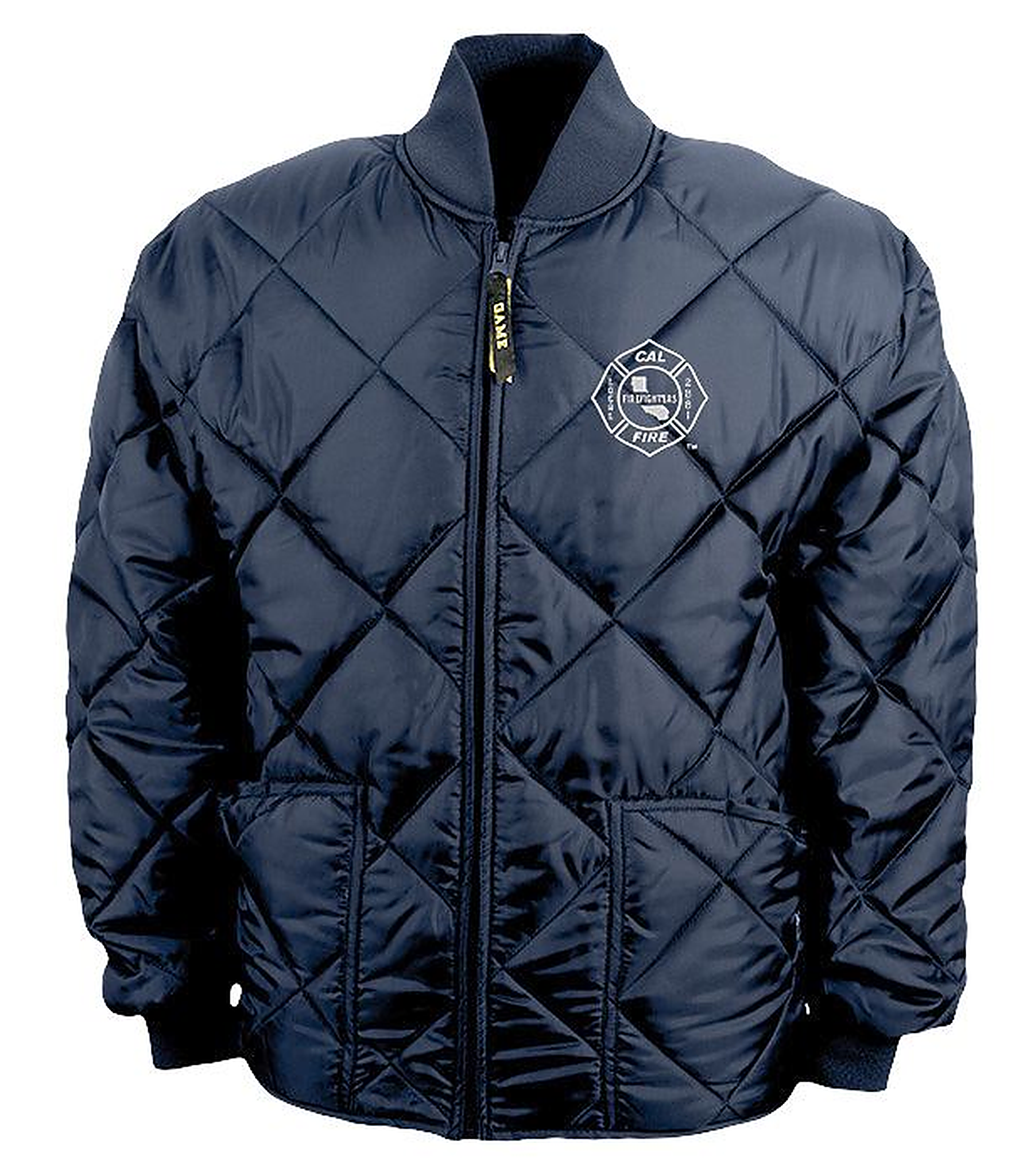 Navy CAL FIRE L2881 puffy jacket — front view with white-outline Maltese cross logo (no text variant)