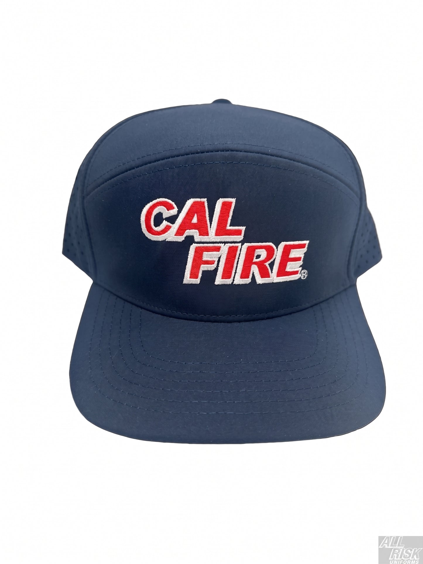CAL FIRE 7-panel dome athletic hat front view with red embroidered text moisture-wicking performance cap