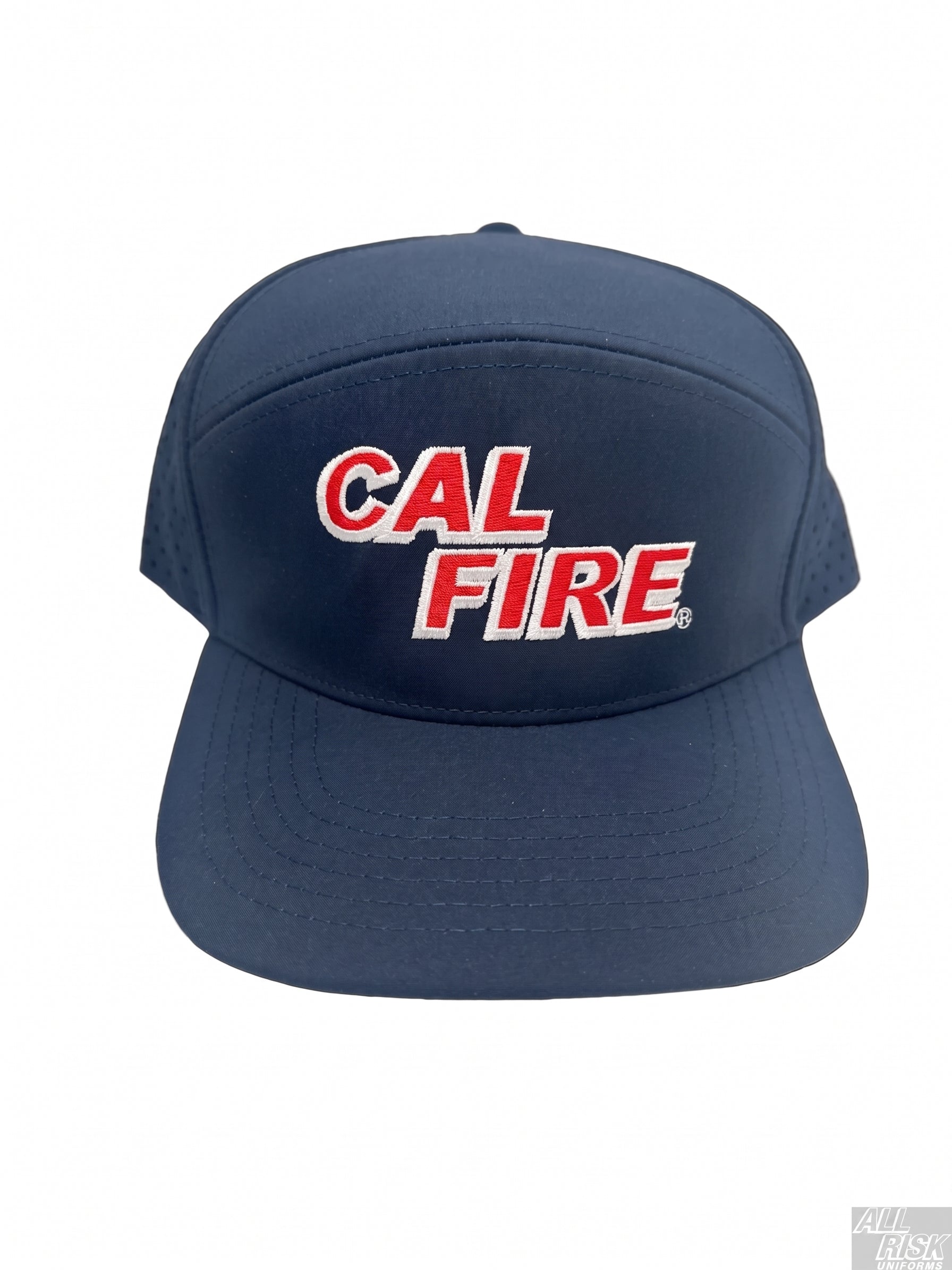 CAL FIRE 7-panel dome athletic hat front view with red embroidered text moisture-wicking performance cap