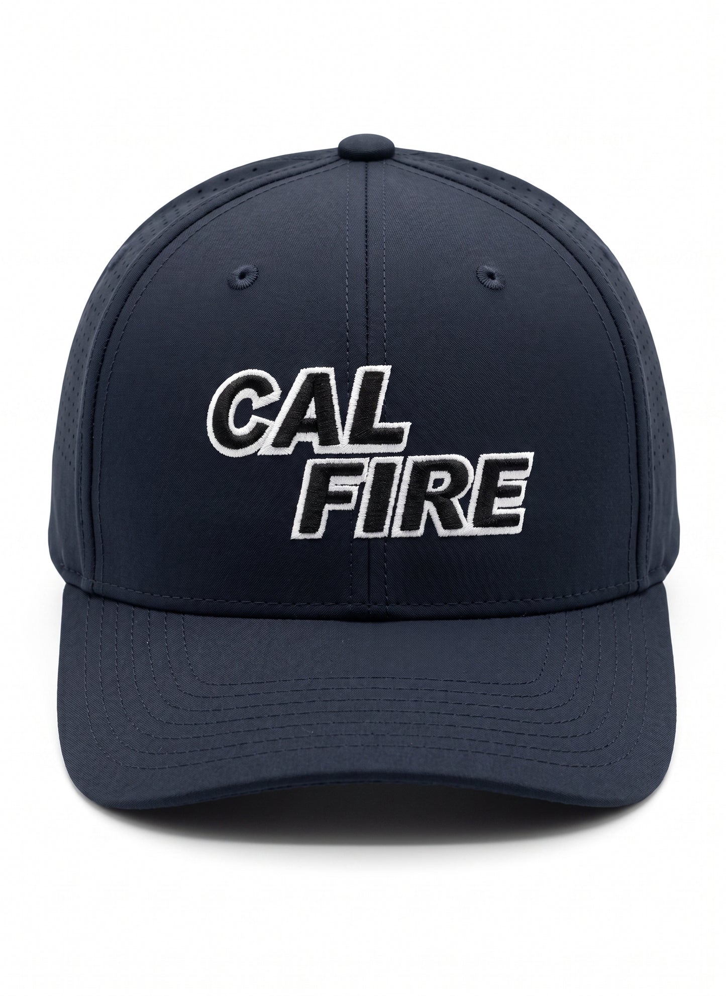 Navy blue cap with 'CAL FIRE' text on a gray background