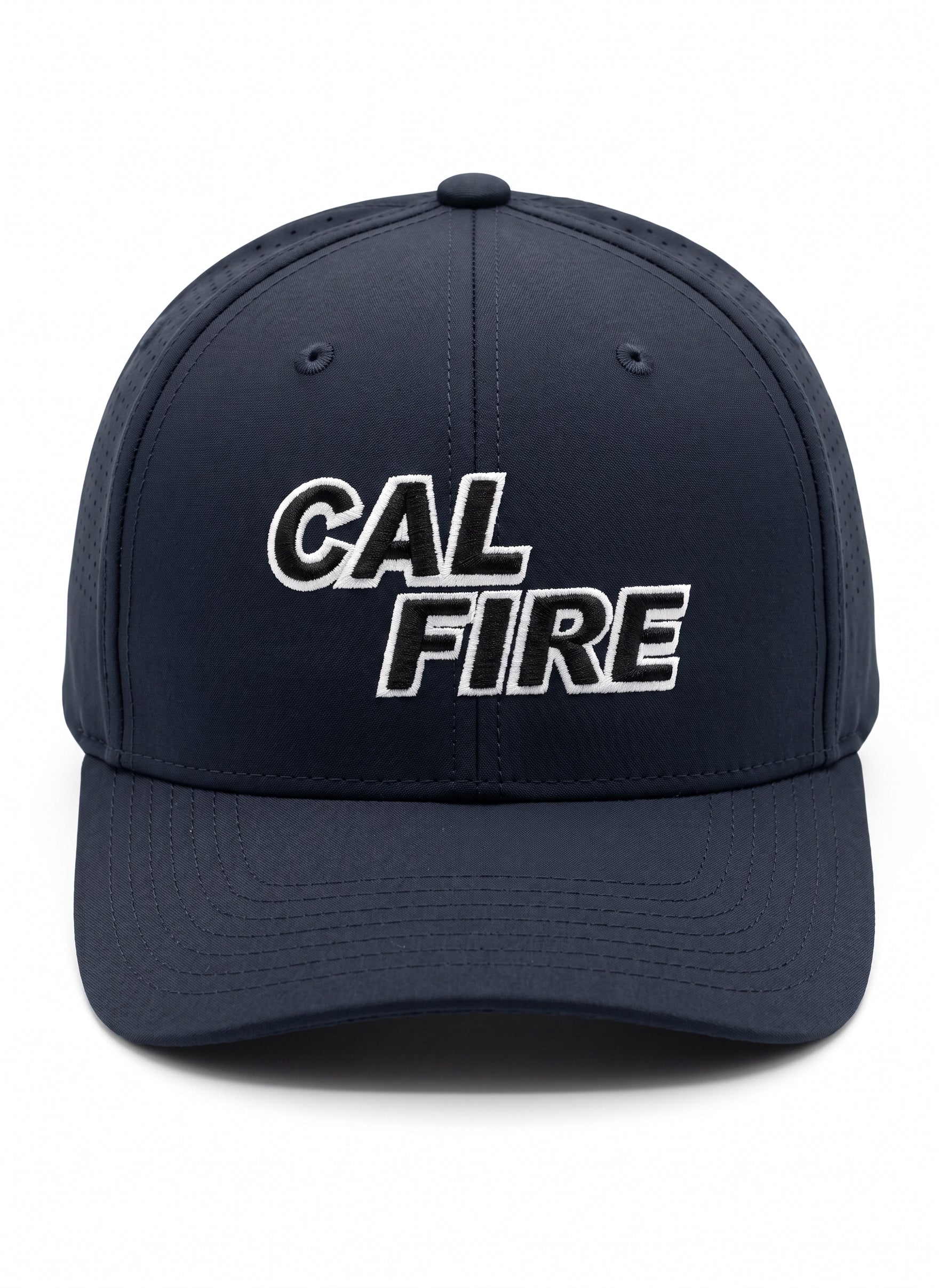 Navy blue cap with 'CAL FIRE' text on a gray background