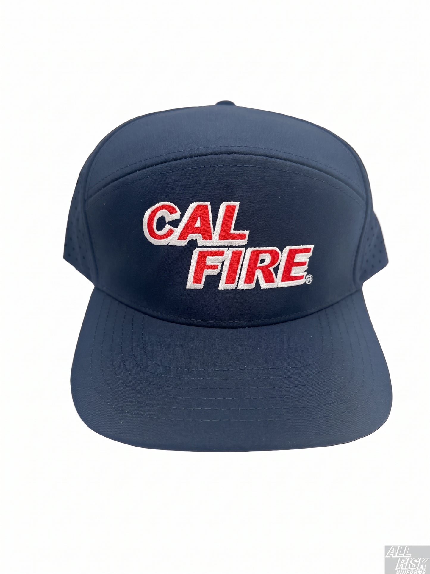 CAL FIRE 7-panel dome athletic hat front view with red embroidered text moisture-wicking performance cap