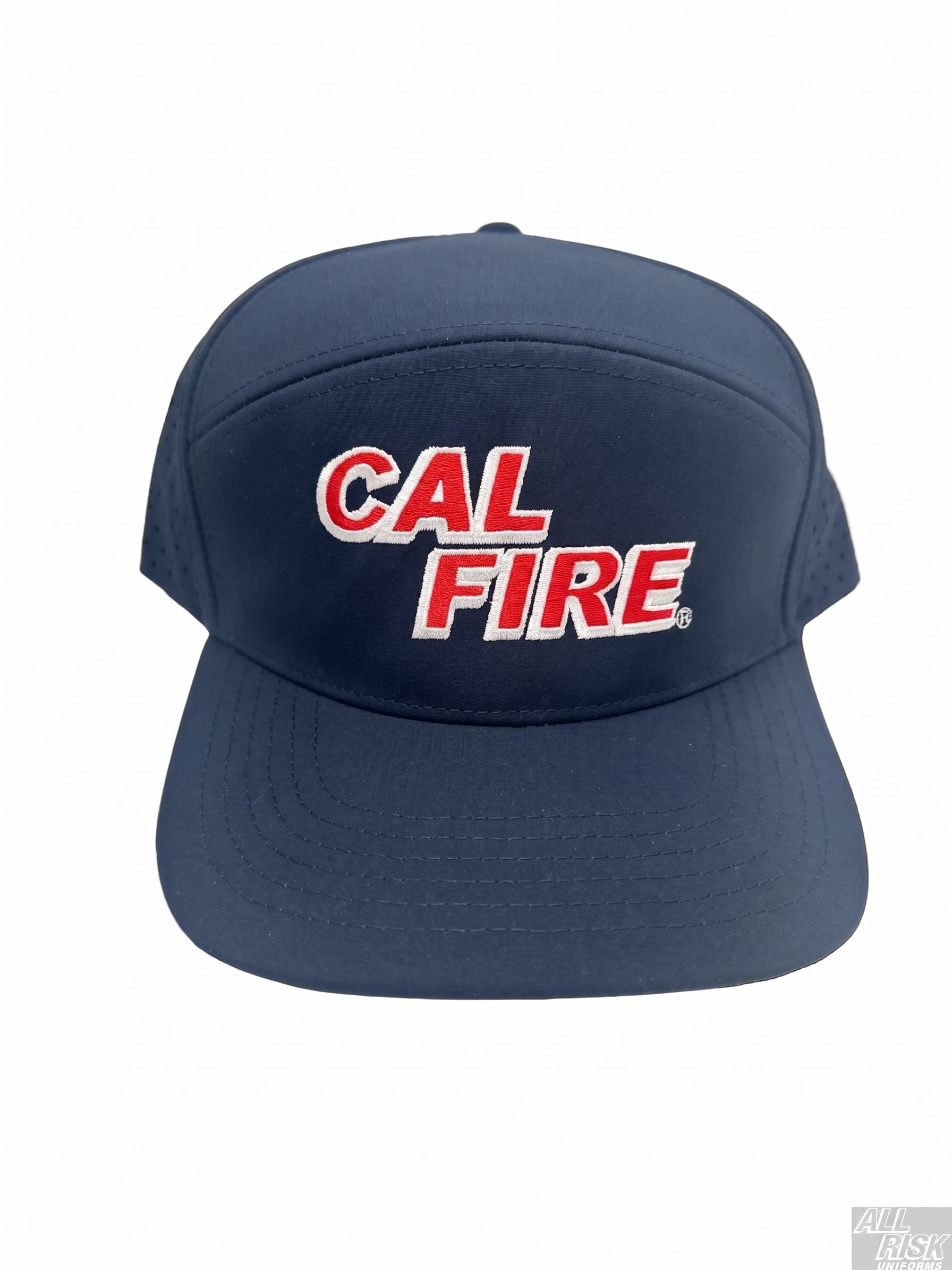 CAL FIRE 7-panel dome athletic hat front view with red embroidered text moisture-wicking performance cap