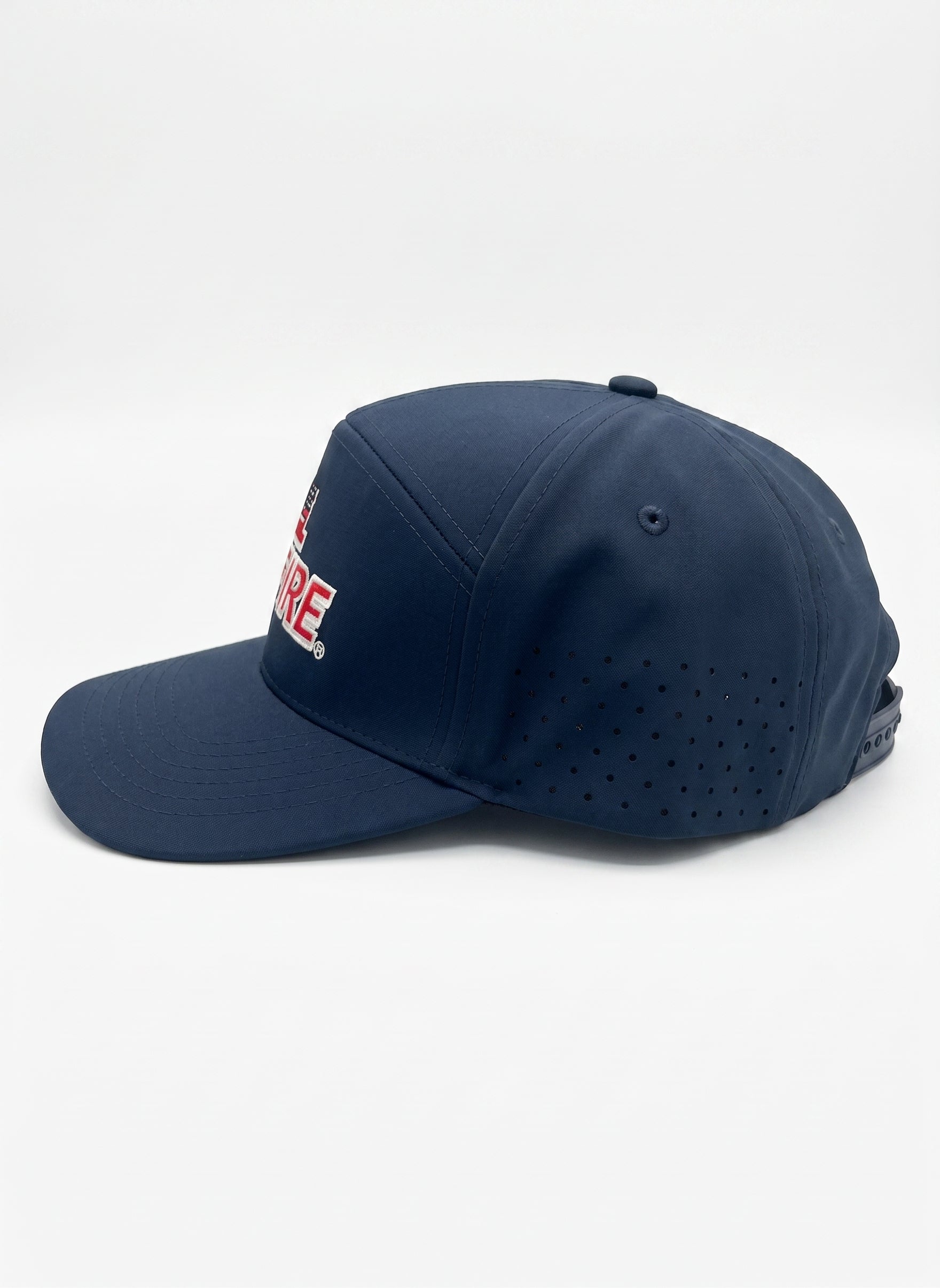 7 Panel Dome Athletic Hat in midnight navy with red CAL FIRE text - side angle view displaying dome shape and athletic construction
