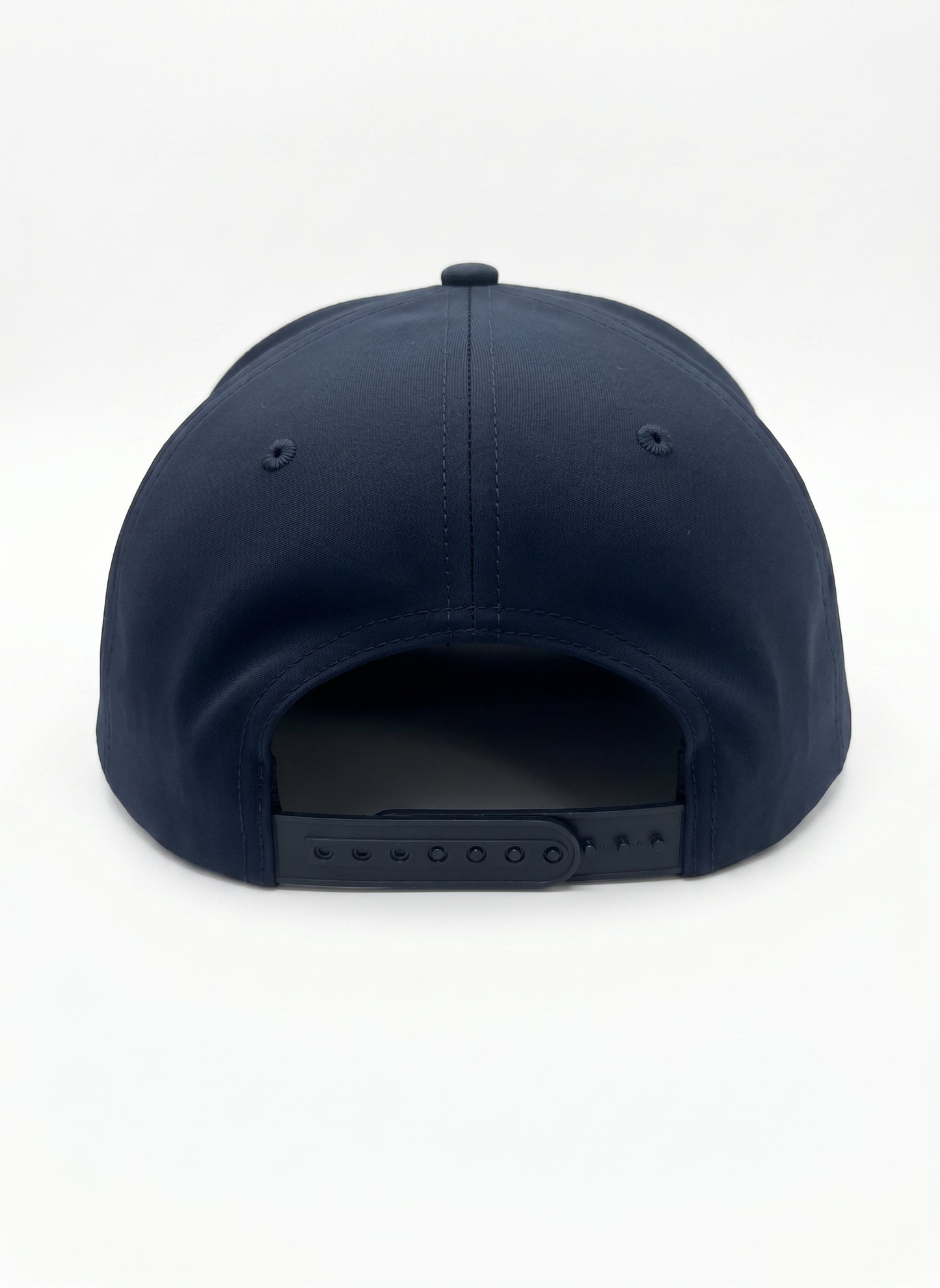 7 Panel Dome Athletic Hat in midnight navy with white CAL FIRE text - back view showing closure and structured dome construction