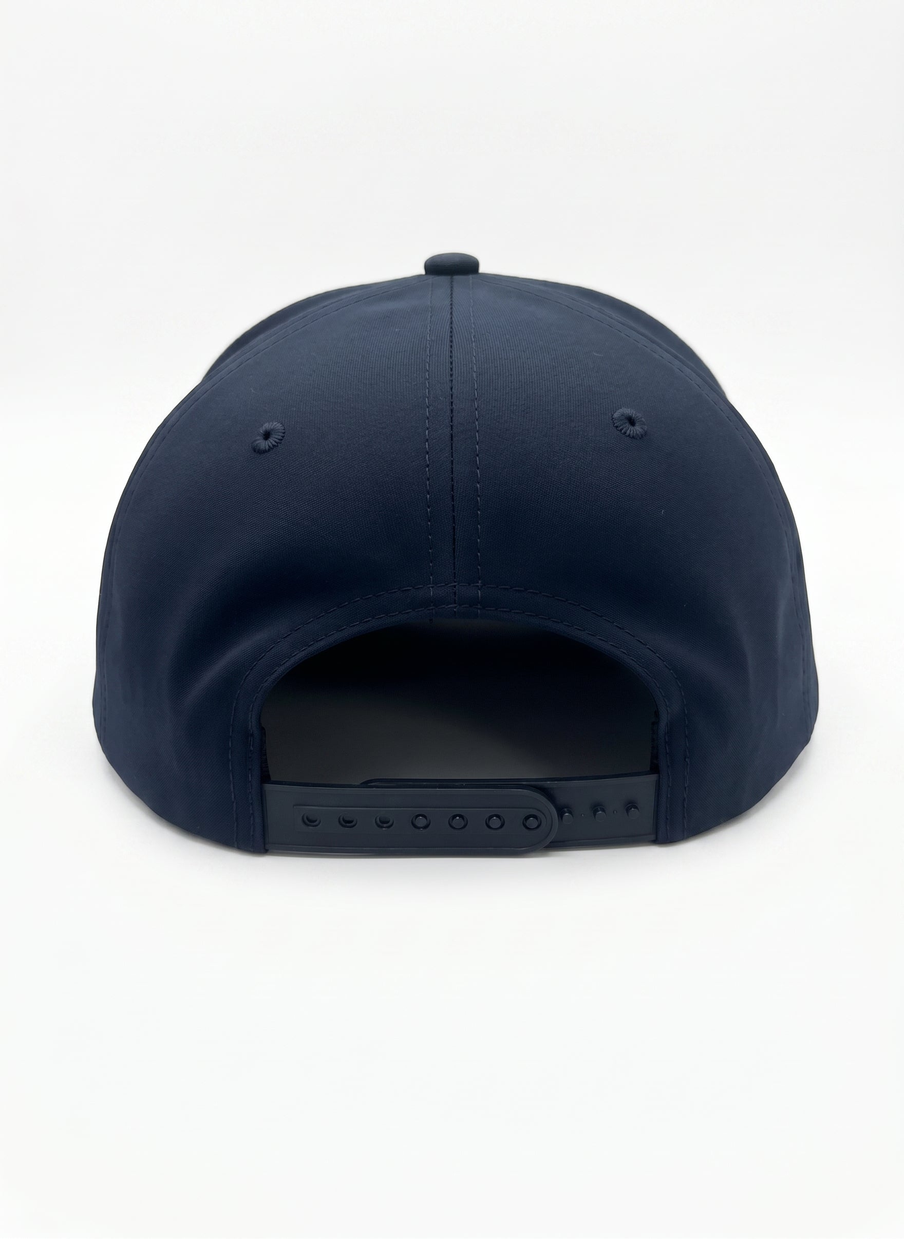 7 Panel Dome Athletic Hat in midnight navy with white CAL FIRE text - back view showing closure and structured dome construction