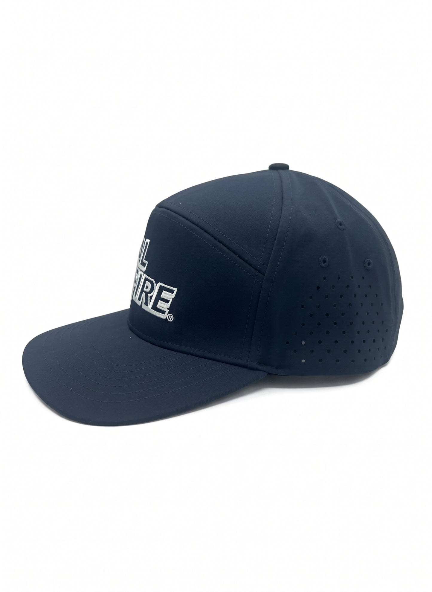 7 Panel Dome Athletic Hat in midnight navy with white CAL FIRE text - side angle view displaying dome shape and athletic construction