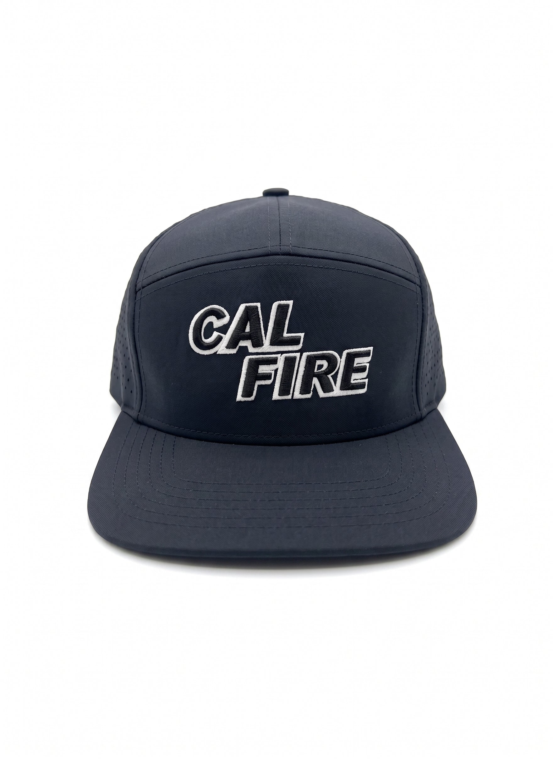 Navy blue cap with 'CAL FIRE' text on a gray background