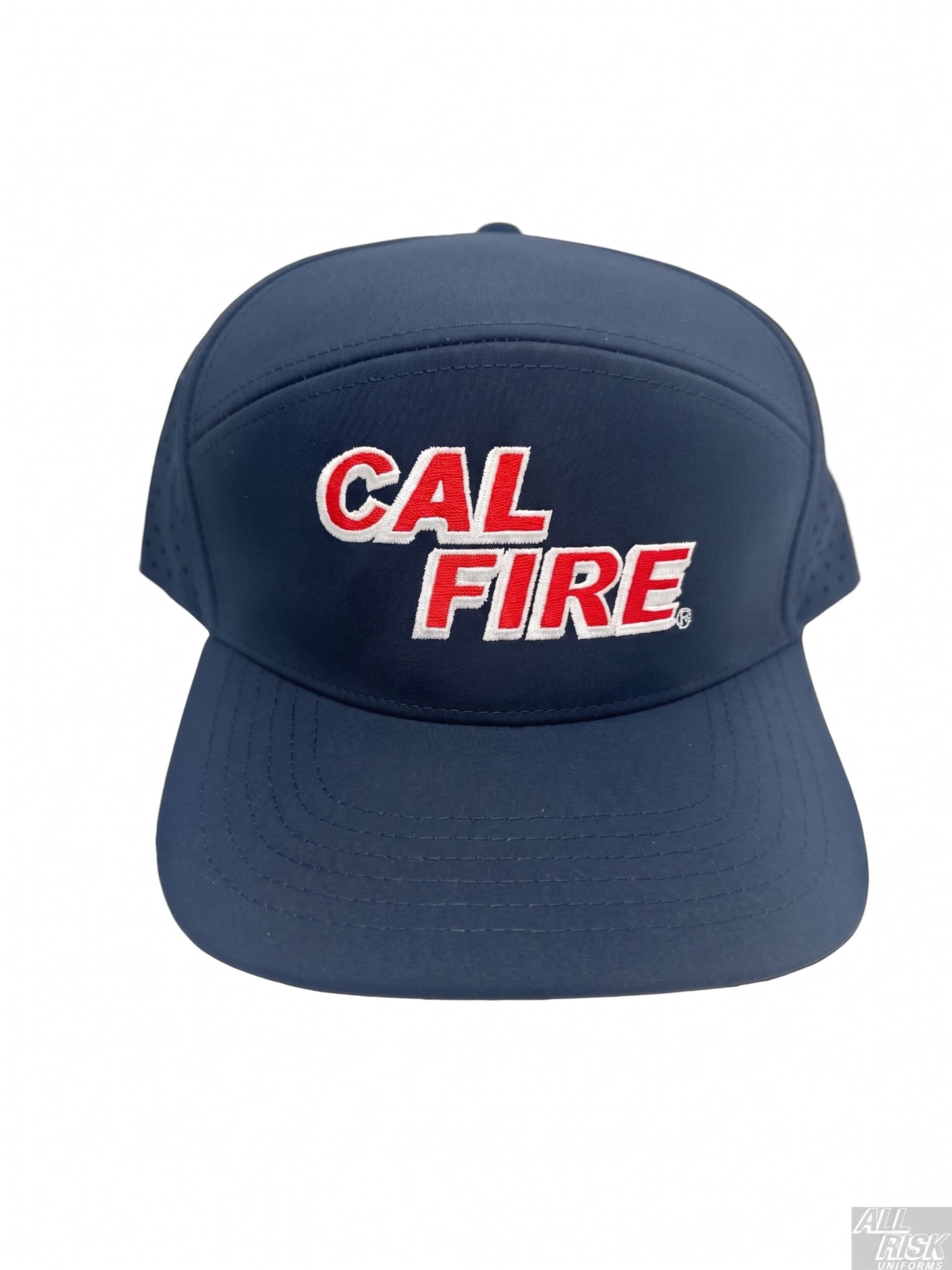 Midnight navy CAL FIRE laser-vented athletic cap, front three-quarter view with the red CAL FIRE italic wordmark.