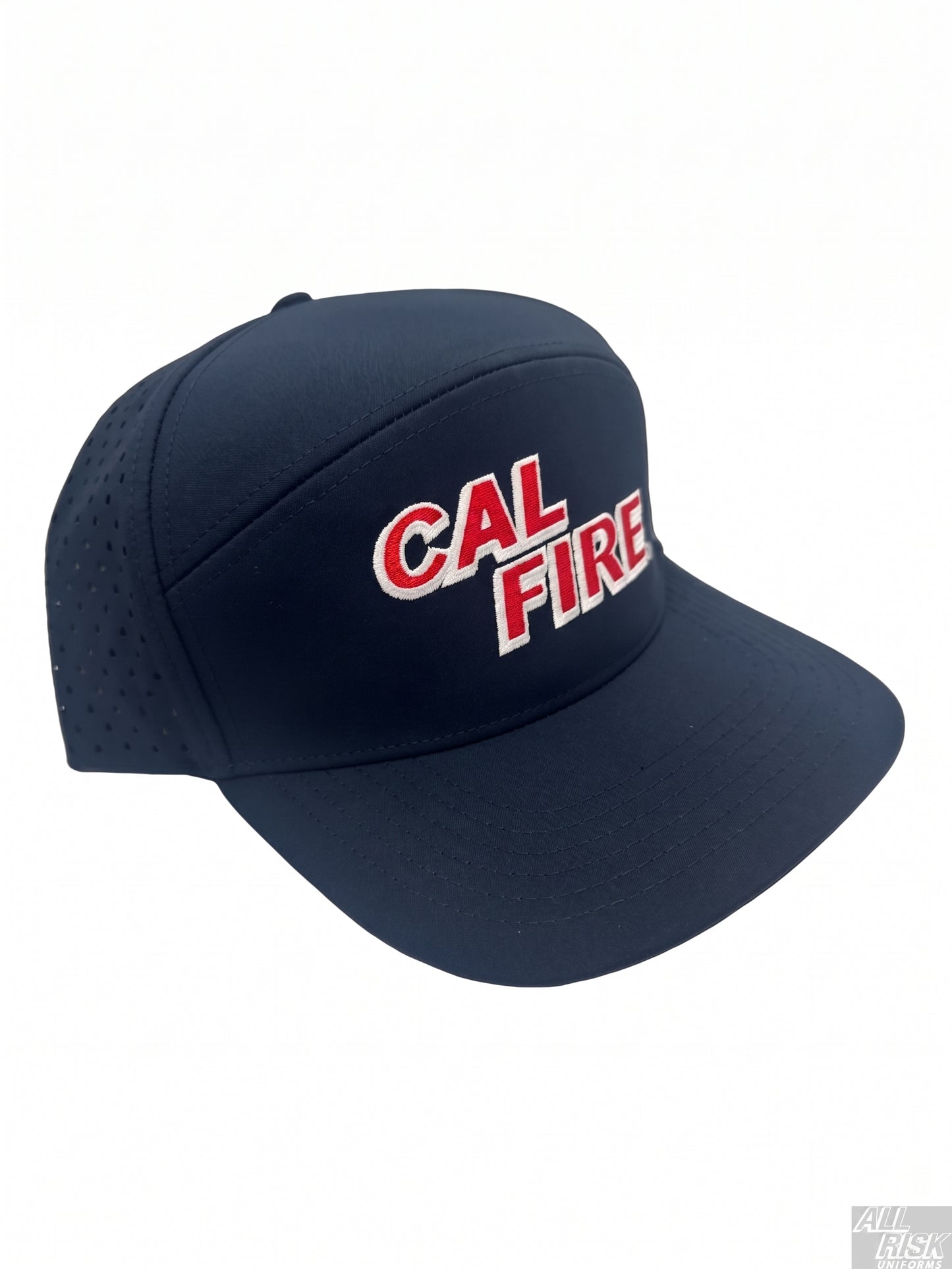 Midnight navy CAL FIRE laser-vented athletic cap, angled front view with the red CAL FIRE italic wordmark on the dome crown.
