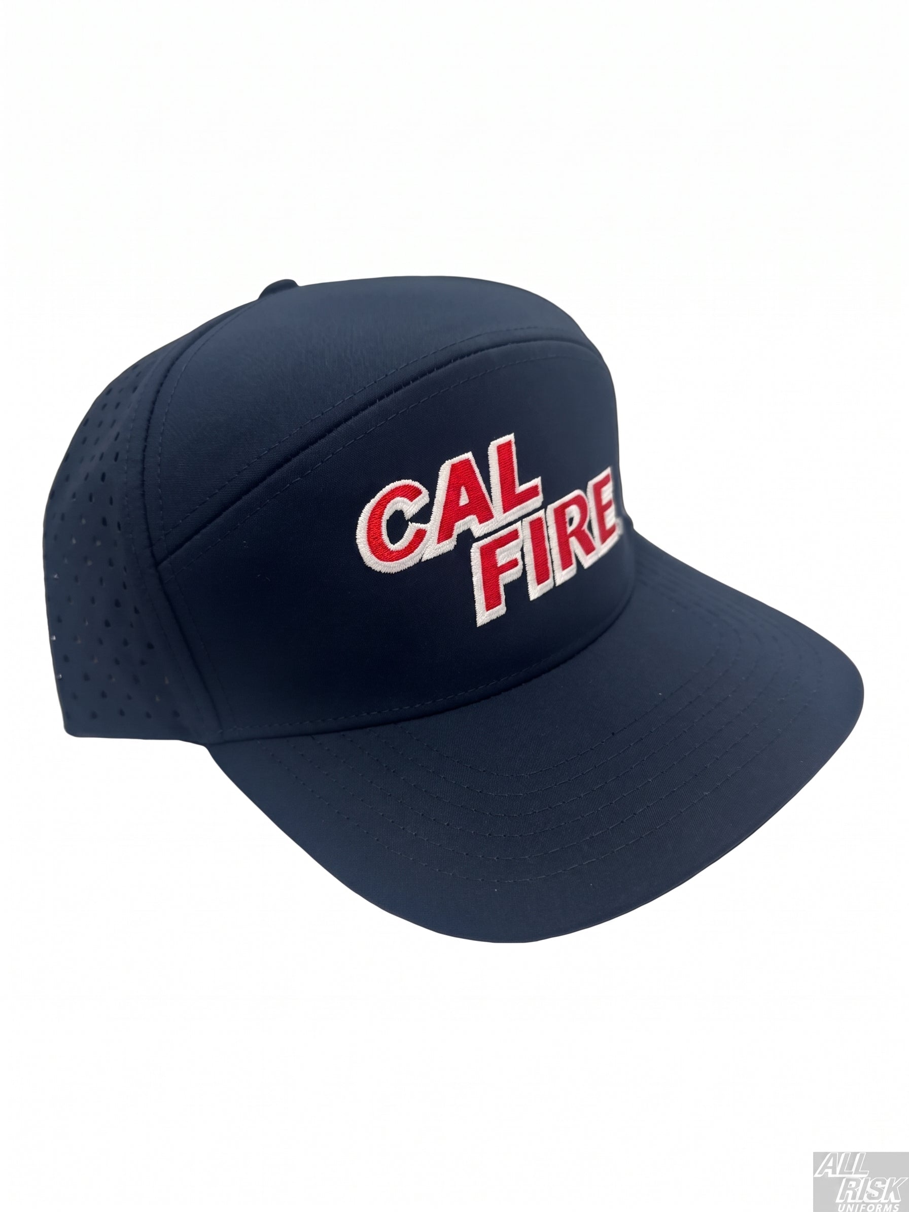 Midnight navy CAL FIRE laser-vented athletic cap, angled front view with the red CAL FIRE italic wordmark on the dome crown.
