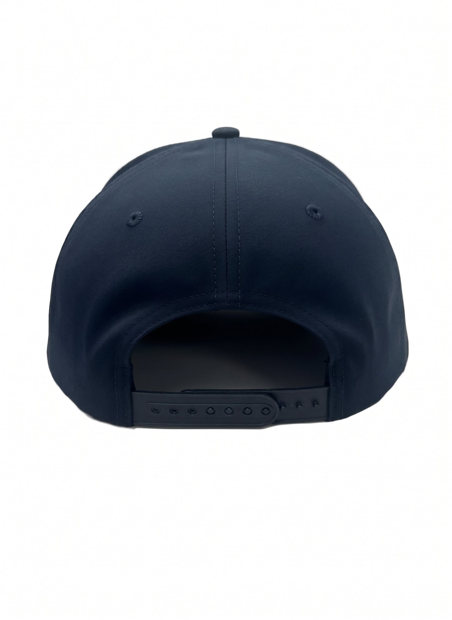 Back view of the midnight navy CAL FIRE laser-vented athletic cap showing the rear dome panels and closure.