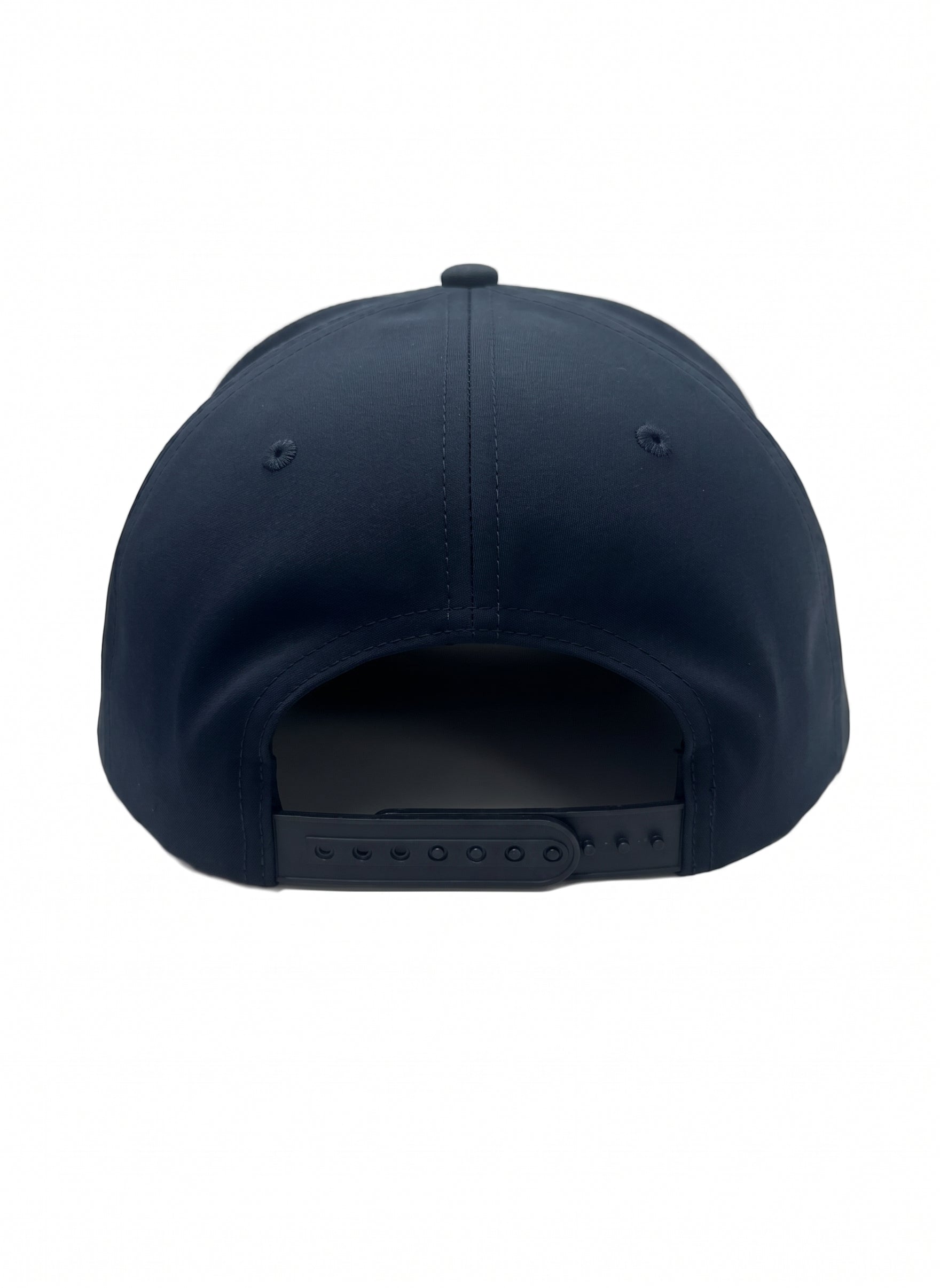 Back view of the midnight navy CAL FIRE laser-vented athletic cap showing the rear dome panels and closure.