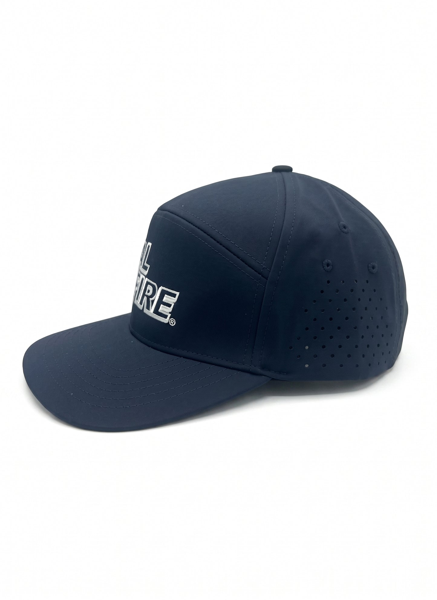 Midnight navy CAL FIRE laser-vented athletic cap, left side profile showing the curved 7-panel dome crown and brim.
