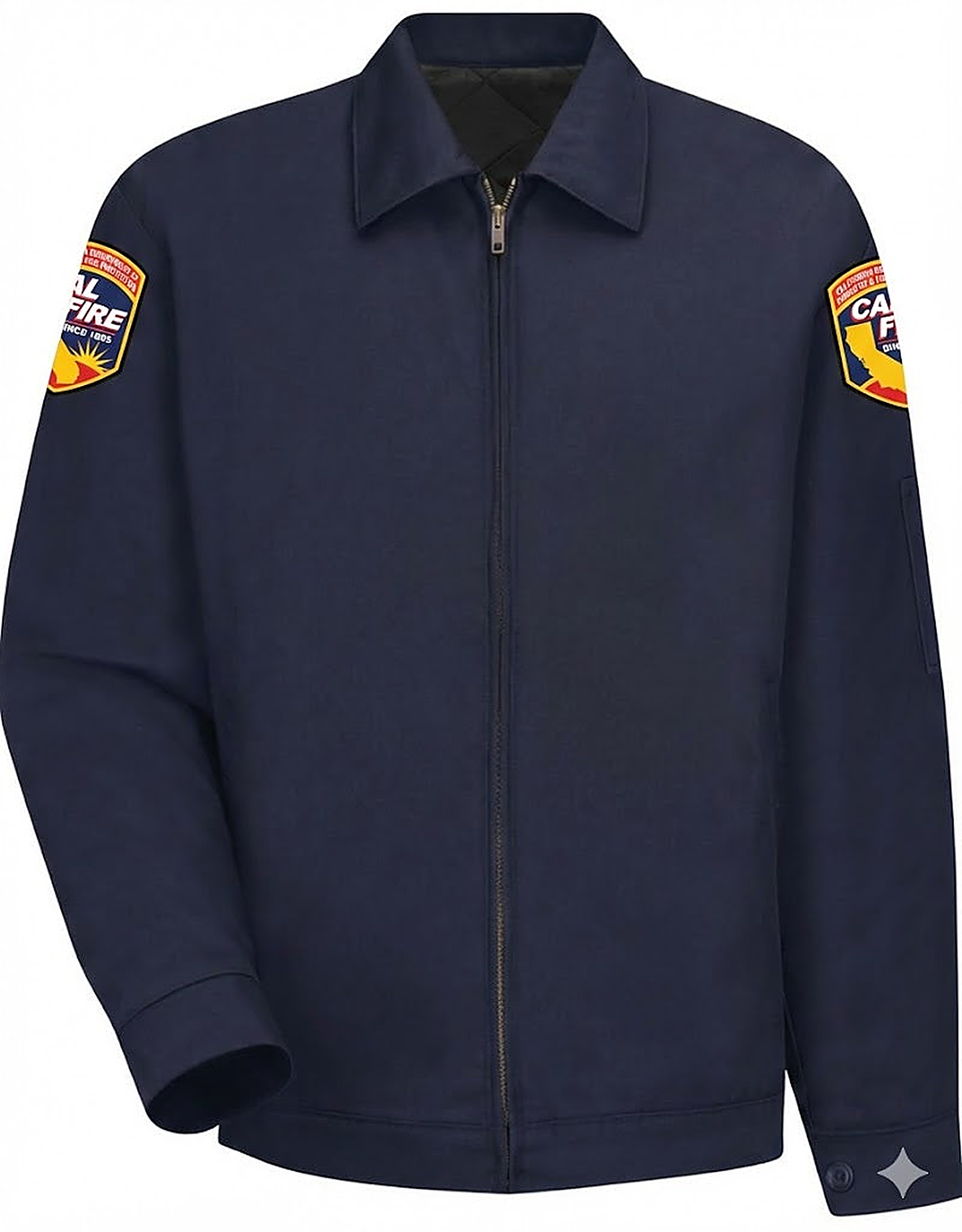 Navy CAL FIRE mechanics jacket, front view, full-zip with a flat collar and slash pockets, with colorful CAL FIRE arrowhead shield crest patches on both upper sleeves.