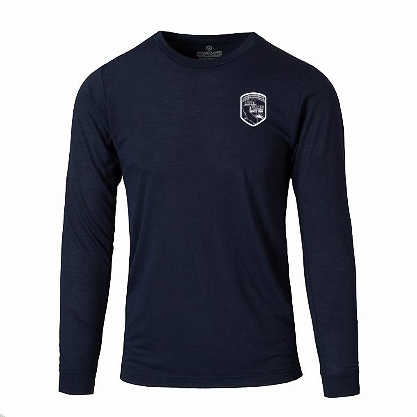 DFND-brand CAL FIRE men's athletic-cut long-sleeve duty shirt in navy — front view with the official CAL FIRE shield patch (California outline + sun emblem) on the left chest.