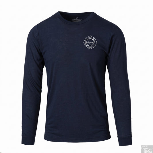 DFND-brand CAL FIRE men's athletic-cut long-sleeve duty shirt in navy — front view with the white maltese-cross firefighter shield (CAL FIRE / FIREFIGHTERS LOCAL 2881 / California state outline) on the left chest. DFND label visible at the inside neck.