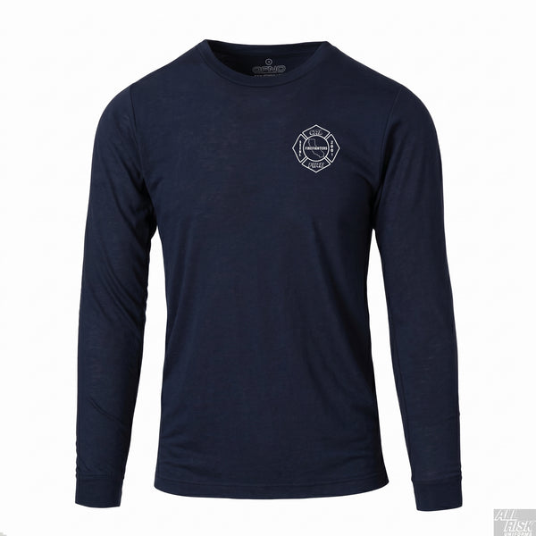 DFND-brand CAL FIRE men's athletic-cut long-sleeve duty shirt in navy — front view with the white maltese-cross firefighter shield (CAL FIRE / FIREFIGHTERS LOCAL 2881 / California state outline) on the left chest. DFND label visible at the inside neck.