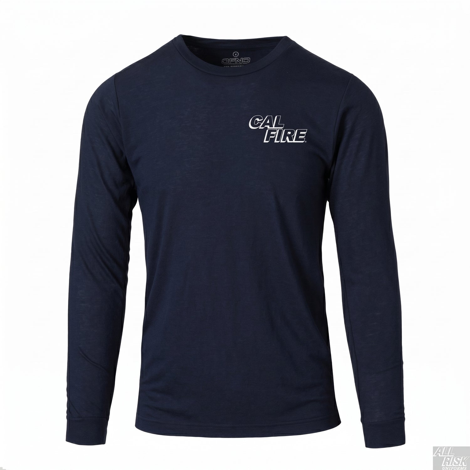 DFND-brand CAL FIRE men's athletic-cut long-sleeve duty shirt in navy — front view with the white CAL FIRE italic block-letter logo on the left chest.
