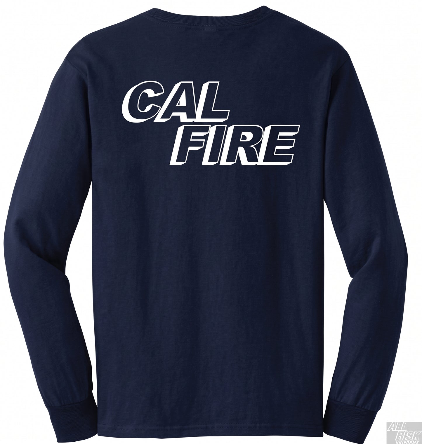 DFND-brand CAL FIRE men's athletic-cut long-sleeve duty shirt in navy — back view with large white CAL FIRE italic block-letter logo printed across the upper back.
