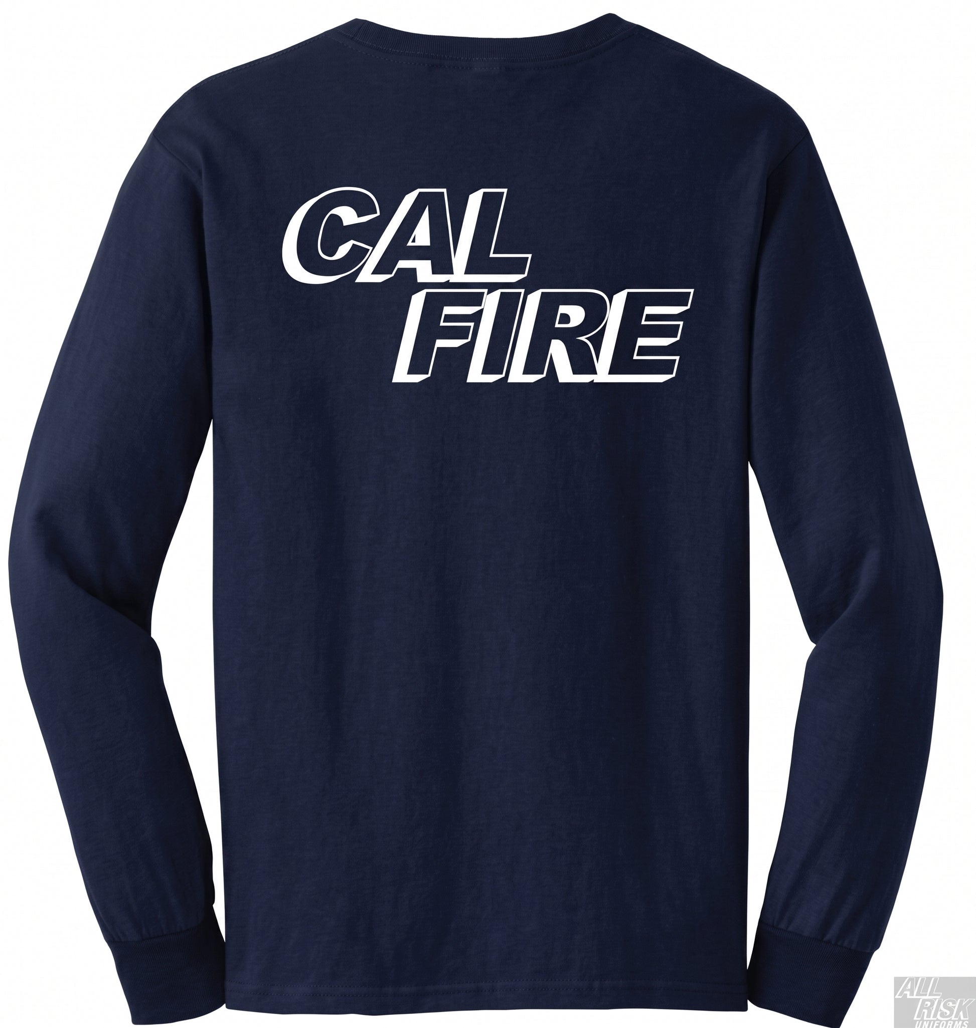 DFND-brand CAL FIRE men's athletic-cut long-sleeve duty shirt in navy — back view with large white CAL FIRE italic block-letter logo printed across the upper back.