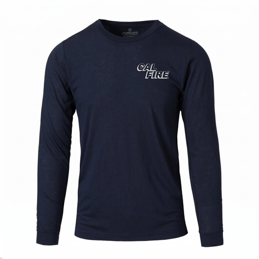 DFND-brand CAL FIRE men's athletic-cut long-sleeve duty shirt in navy — front view with the white CAL FIRE italic block-letter logo on the left chest.