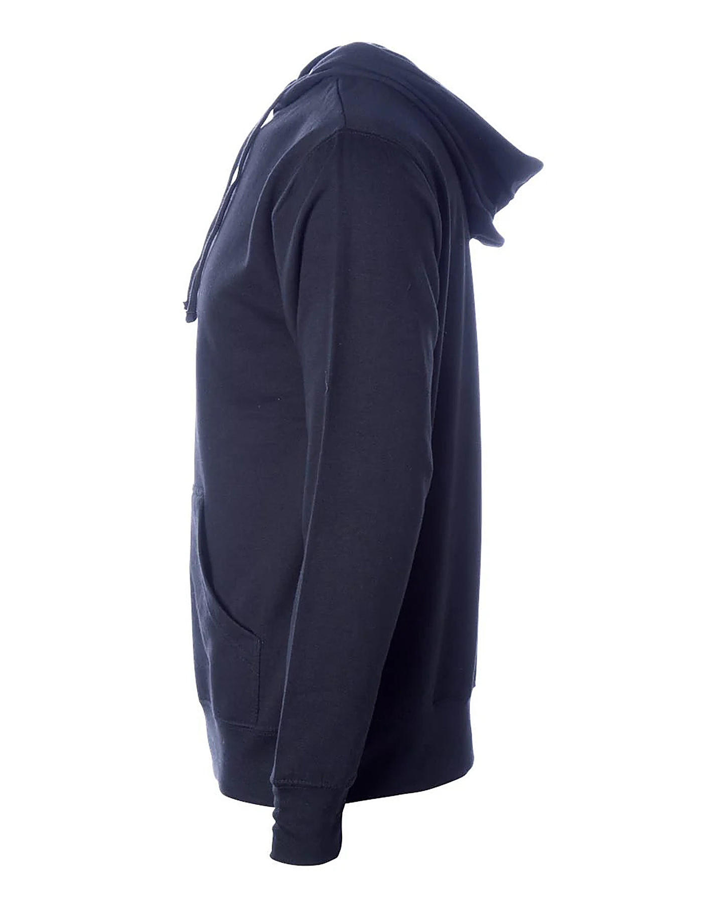 Navy midweight hoodie shown in side profile, plain with no logo, showing the hood, kangaroo pocket and ribbed cuff.