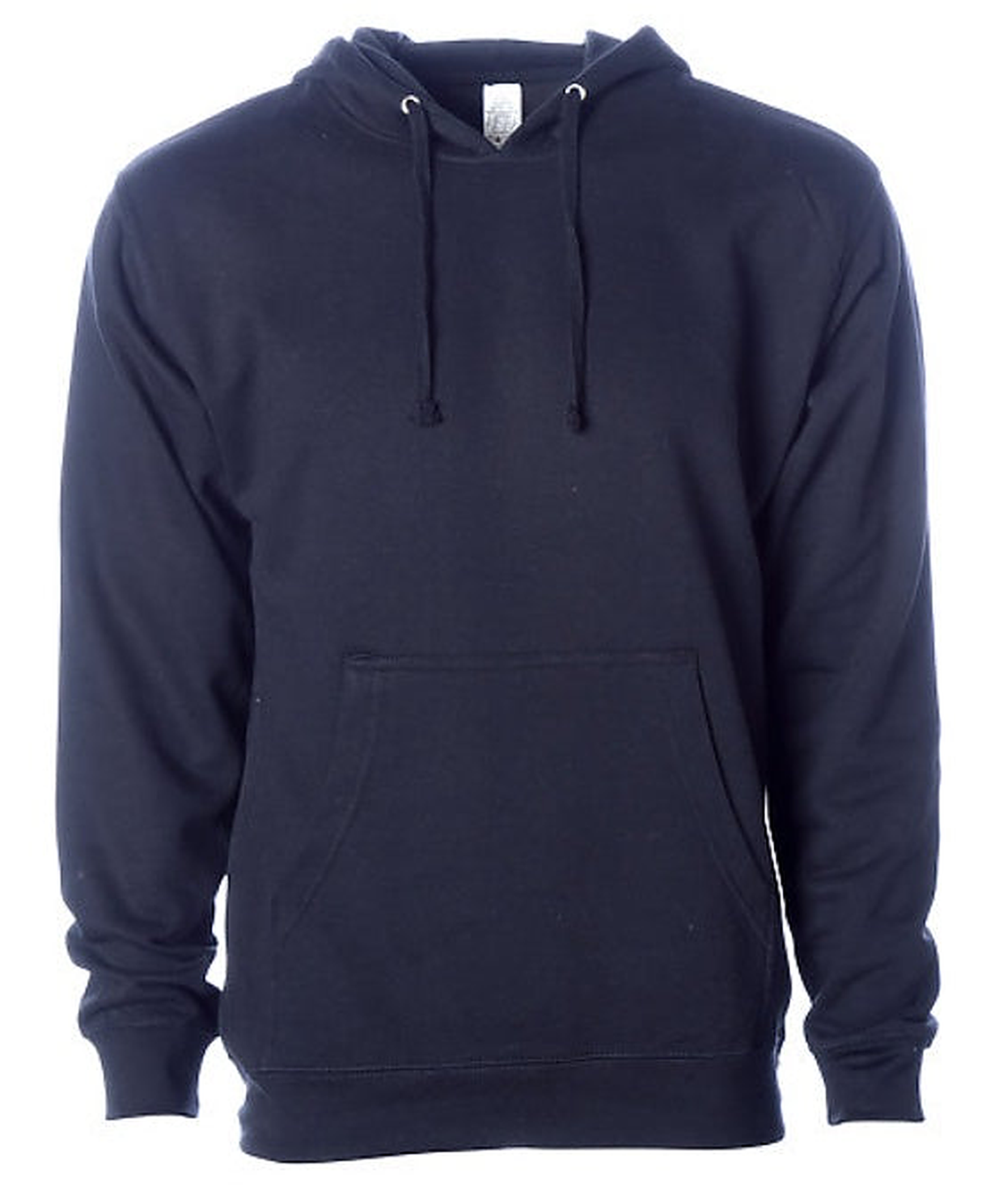 Plain navy Independent midweight pullover hoodie, front view with no logo, showing the drawstring hood and kangaroo pocket.