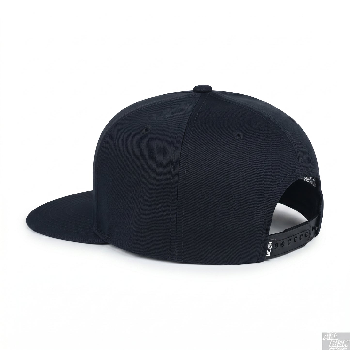 Side profile of the navy snapback showing the plain panels, flat brim, and the adjustable snap-closure strap with the New Era tab at the back.