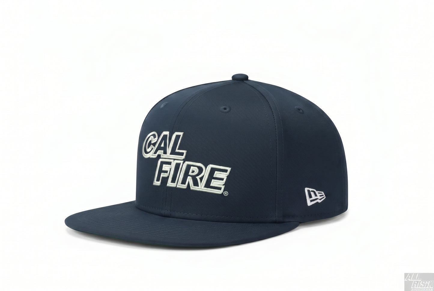Navy snapback in three-quarter view showing the white CAL FIRE italic wordmark on the crown and the white New Era flag on the side panel.