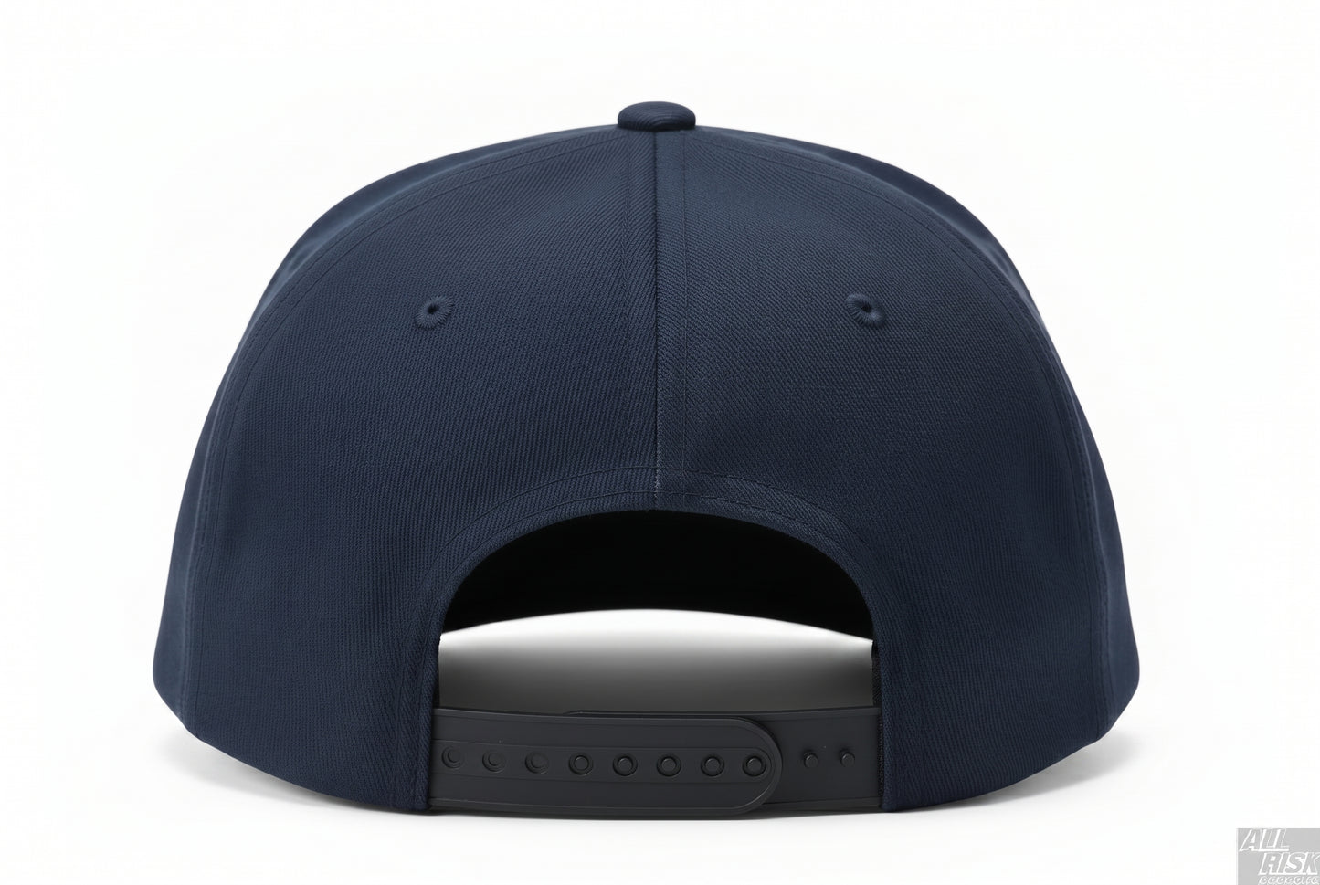 Straight back view of the navy snapback showing the open snap-closure adjustable strap.