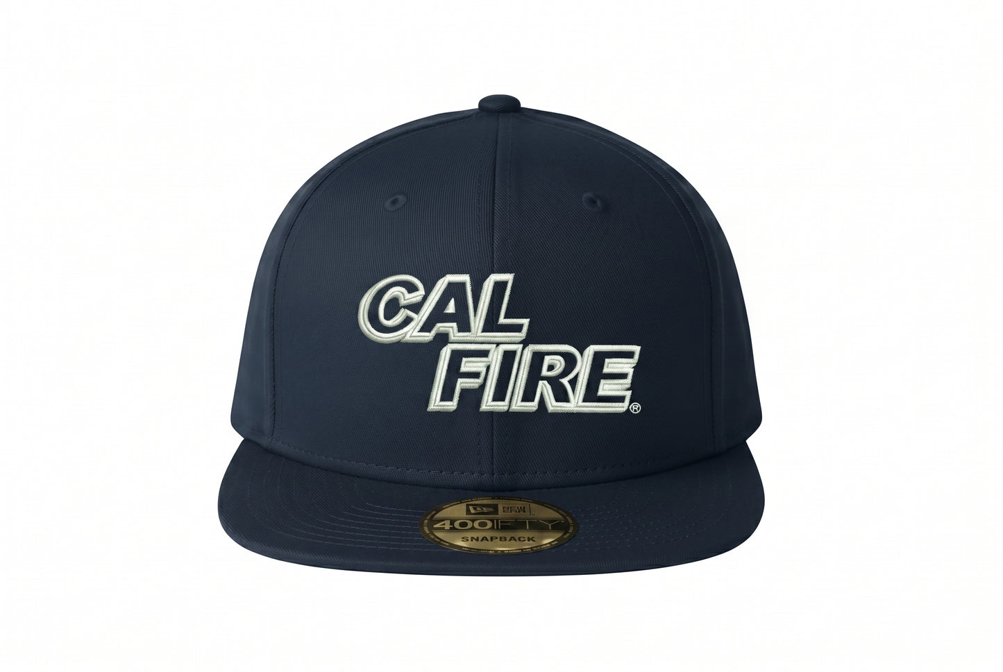 Front view of the navy snapback with the white CAL FIRE wordmark above the flat brim, which still wears the gold New Era 400FIFTY snapback sticker.