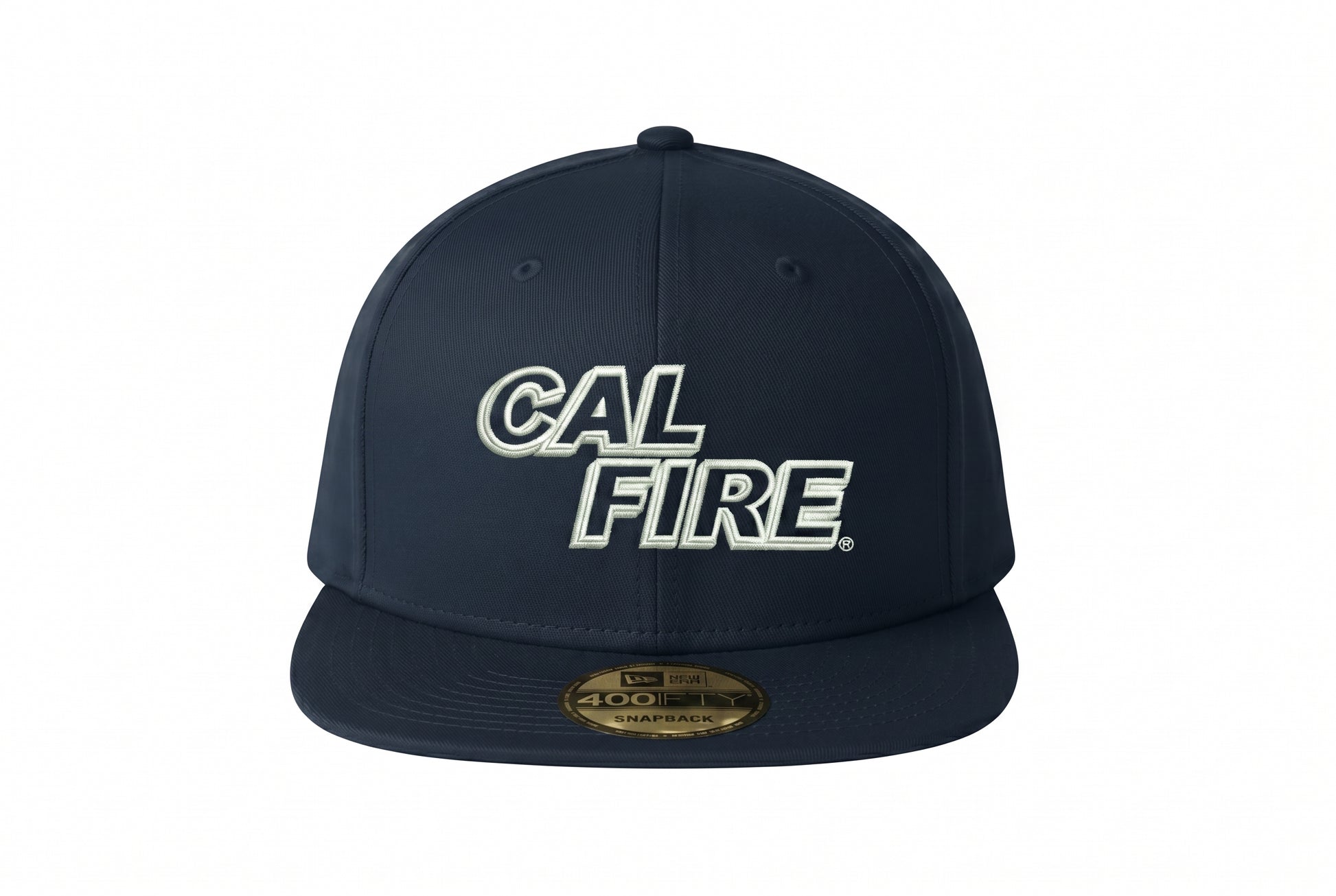 Front view of the navy snapback with the white CAL FIRE wordmark above the flat brim, which still wears the gold New Era 400FIFTY snapback sticker.