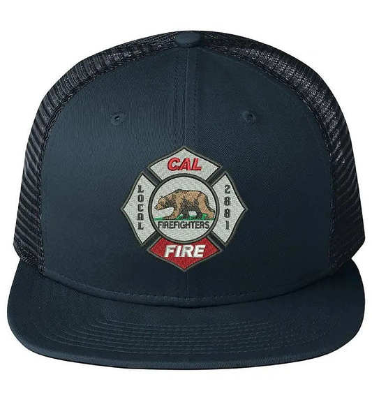 Midnight navy New Era 403 flat-bill trucker snapback, front view with the Firefighters Local 2881 maltese-cross crest reading CAL FIRE around a California grizzly bear on the crown.