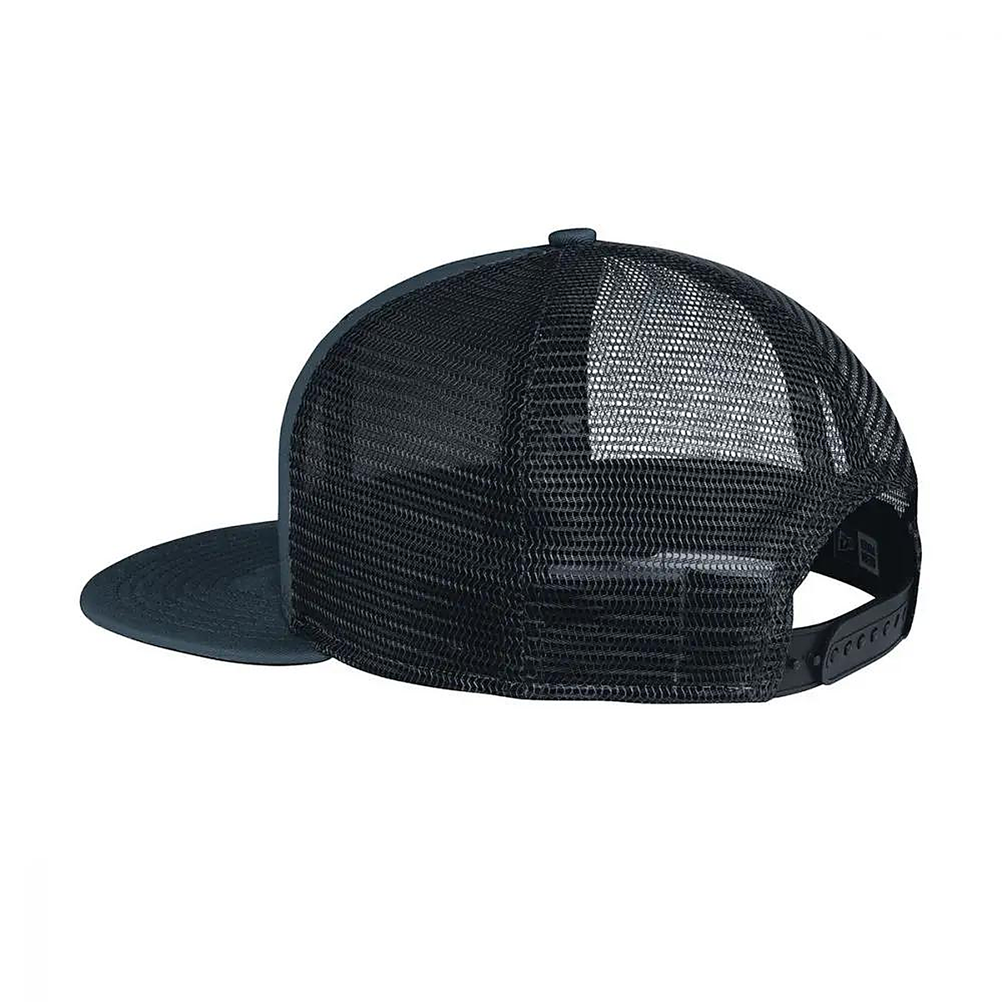 Back view of the navy mesh-back snapback showing the dark trucker mesh panels and the adjustable snap closure.