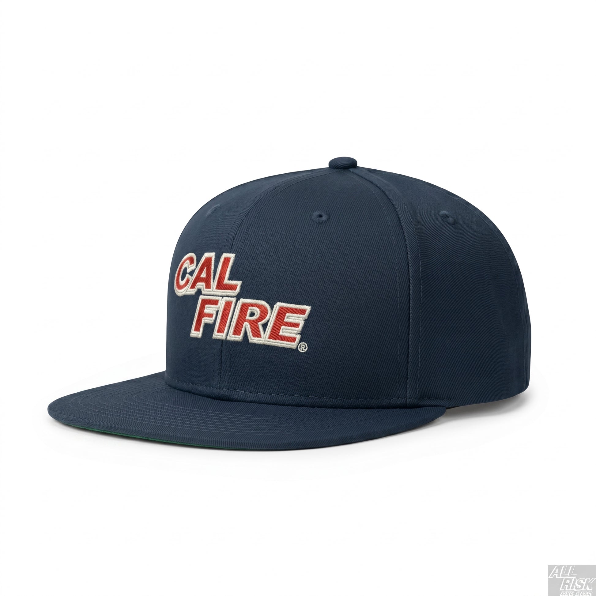 Midnight navy CAL FIRE New Era 403 snapback, front three-quarter view with the red CAL FIRE italic wordmark.