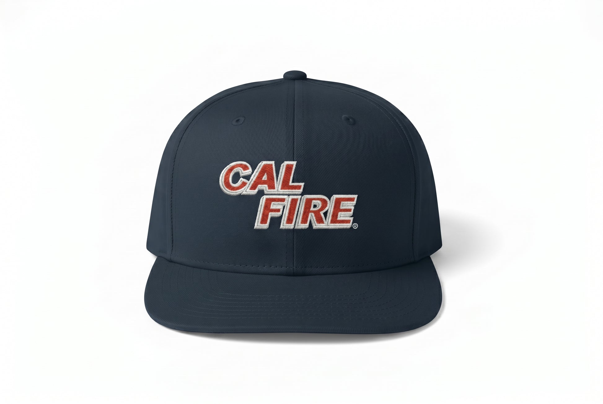 Midnight navy CAL FIRE New Era 403 snapback, front view with the white CAL FIRE italic wordmark on the crown and a flat brim.