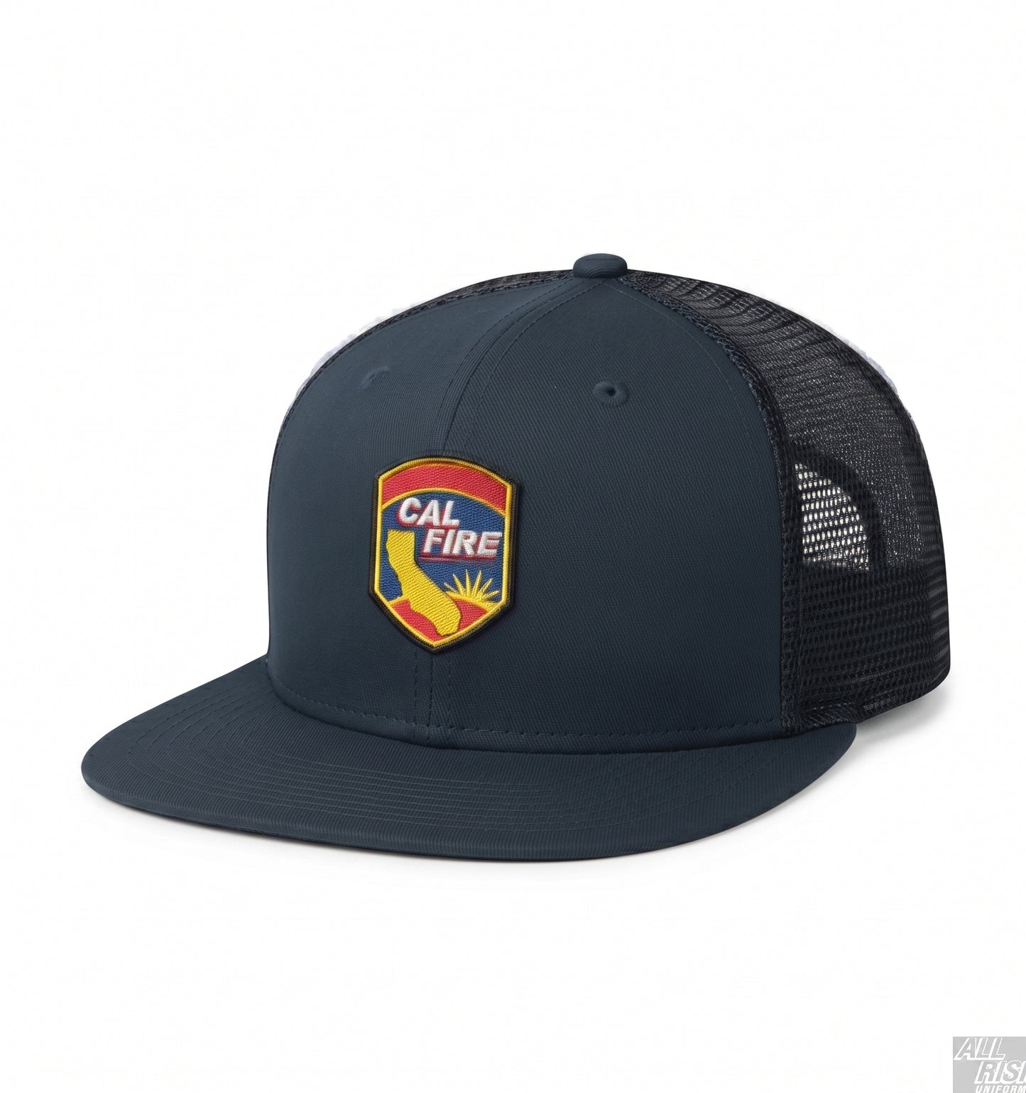 Navy New Era 403 mesh trucker snapback, three-quarter front view, showing the colorful CAL FIRE shield crest patch and black mesh back panels.