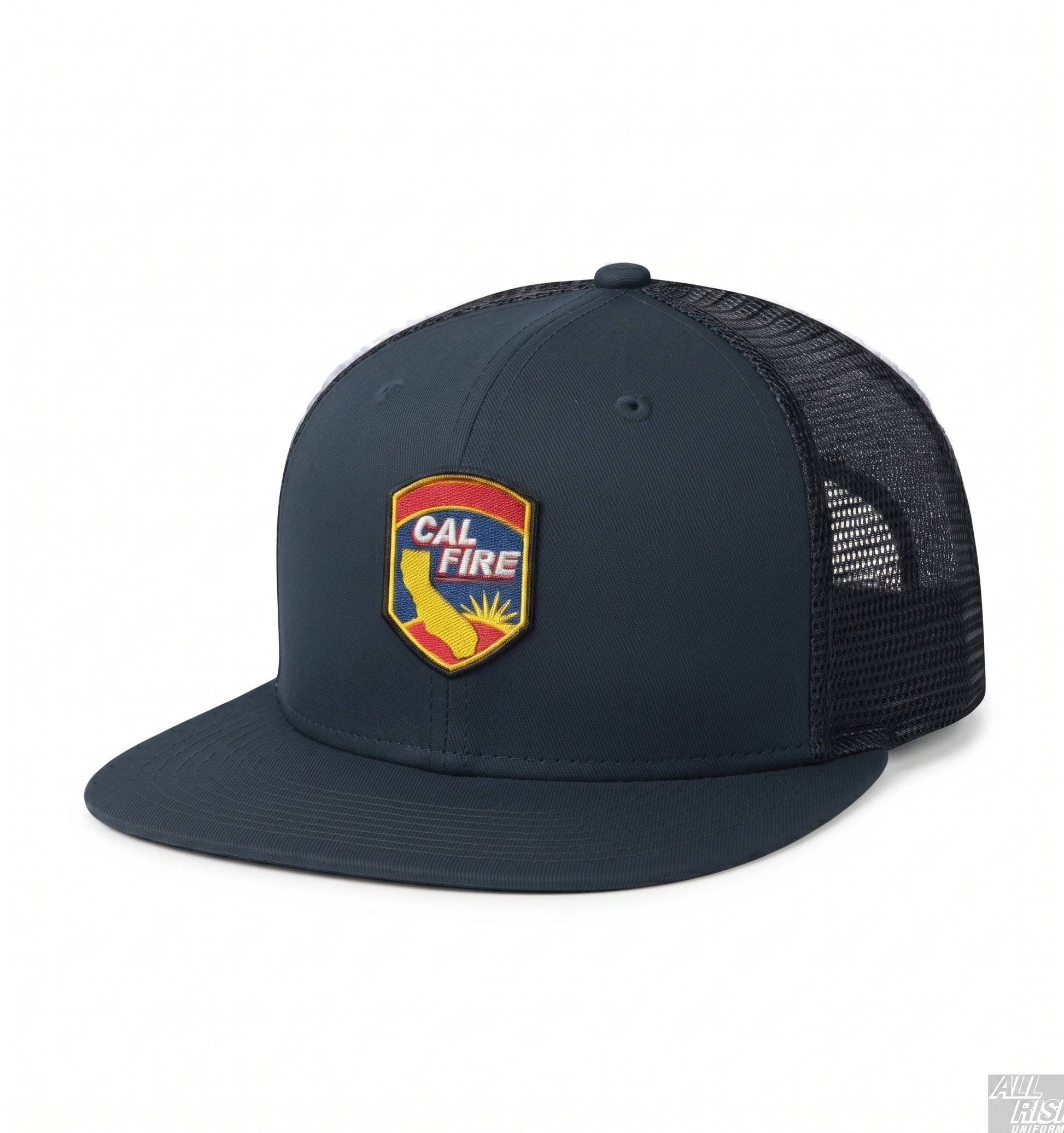 Navy New Era 403 mesh trucker snapback, three-quarter front view, showing the colorful CAL FIRE shield crest patch and black mesh back panels.